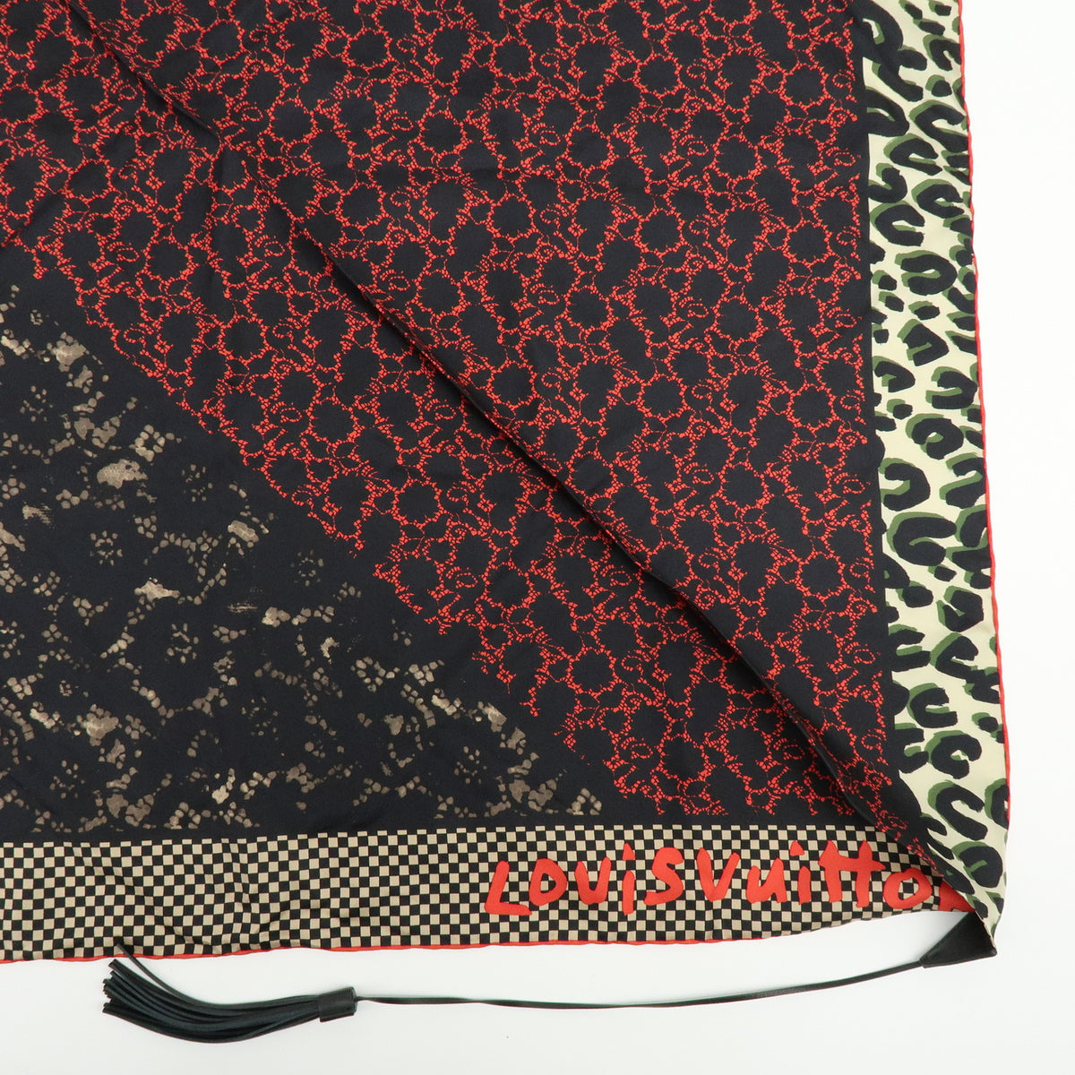 Louis Vuitton Silk 100% Calf Skin Scarf Bandana Tassel Black Red