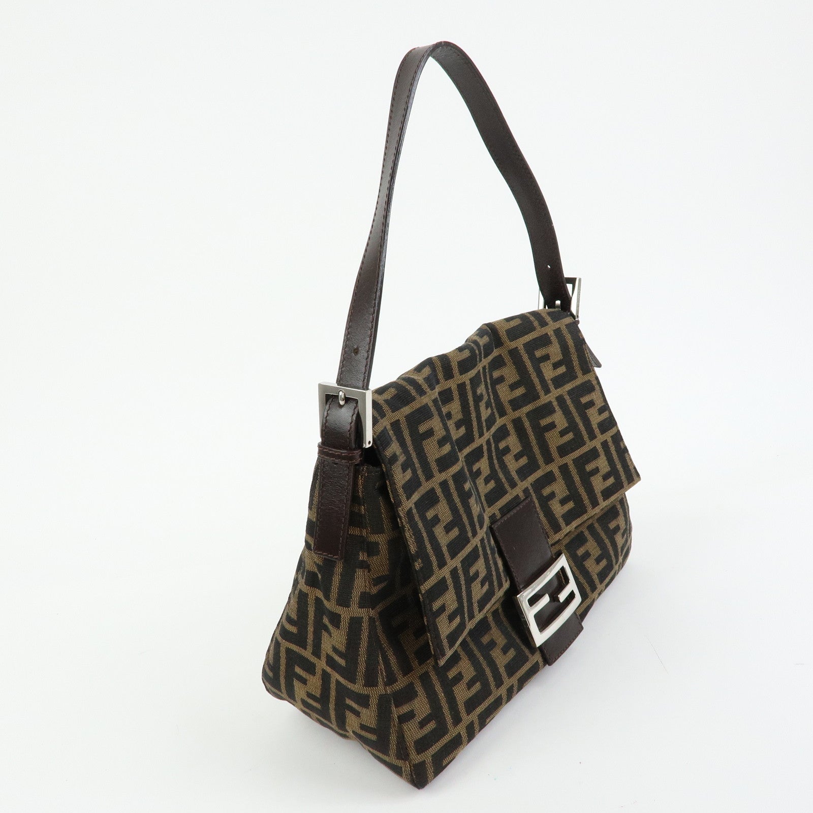 FENDI Mamma Baguette Zucca Canvas Leather Shoulder Bag Brown 26325