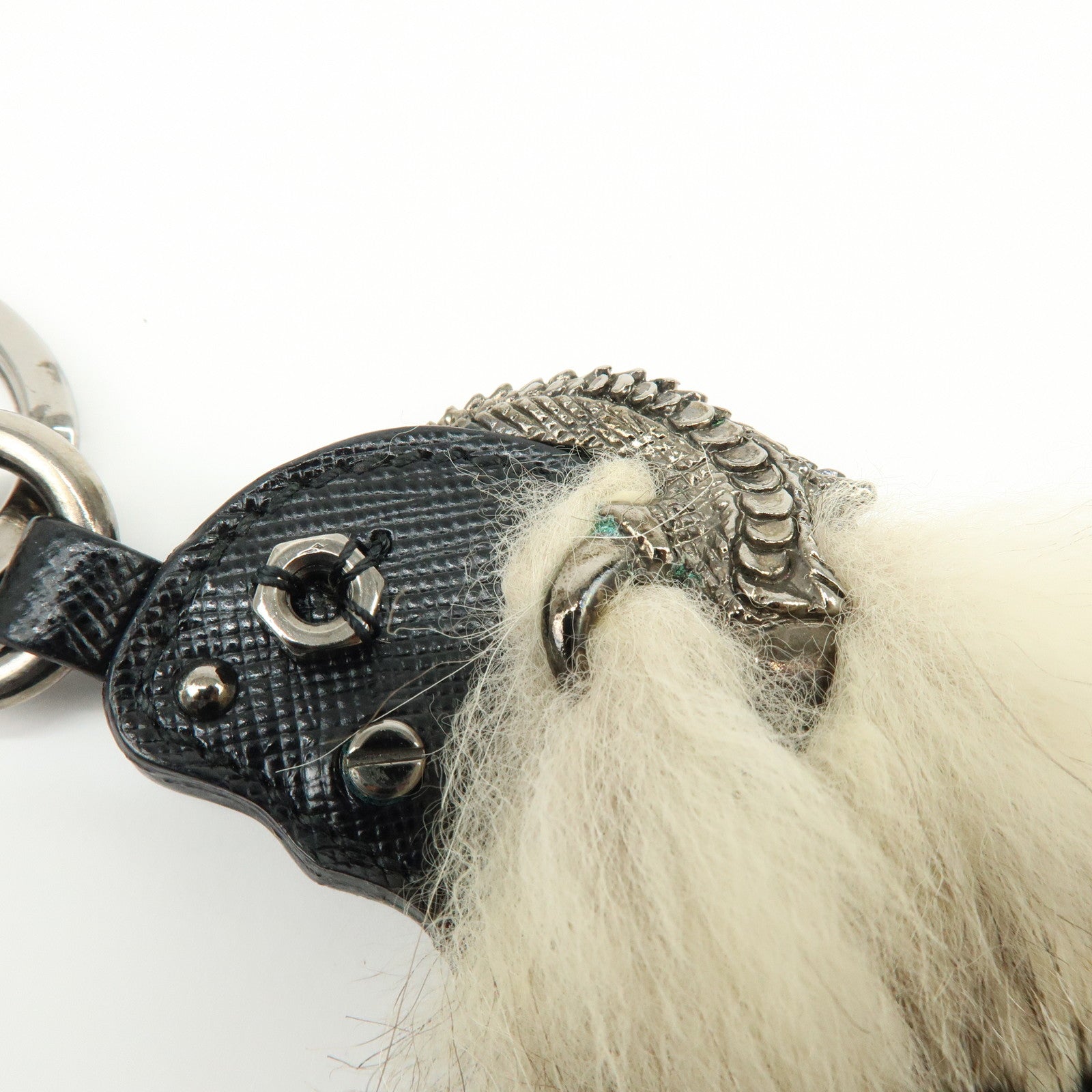 PRADA Triangle Log Saffiano Leather Fur Bag Charm Key Charm Beige