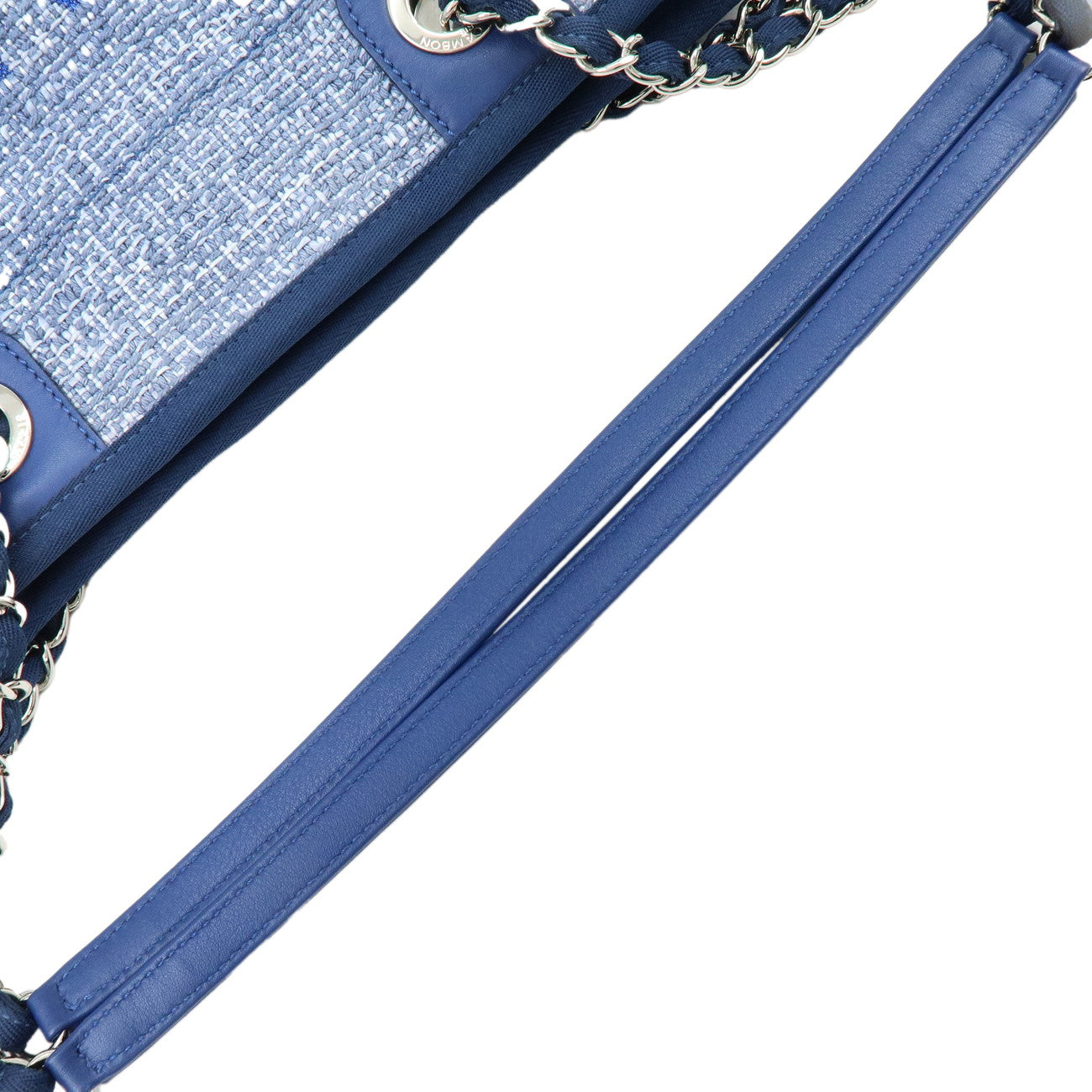 CHANEL Deauville PM Jaquard Canvas Leather Chain Tote Bag Blue A66939