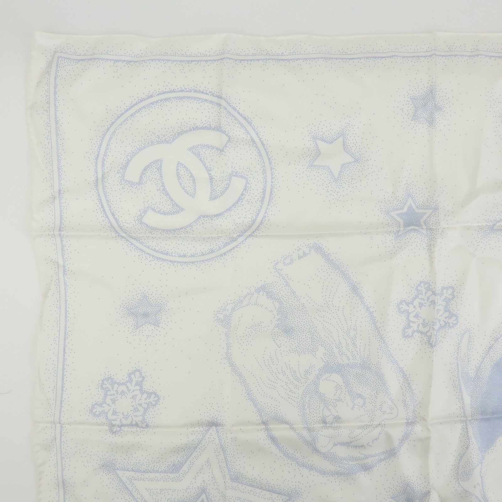 CHANEL Camelia COCO Mark Silk 100% Scarf Bear Penguin White Light Blue