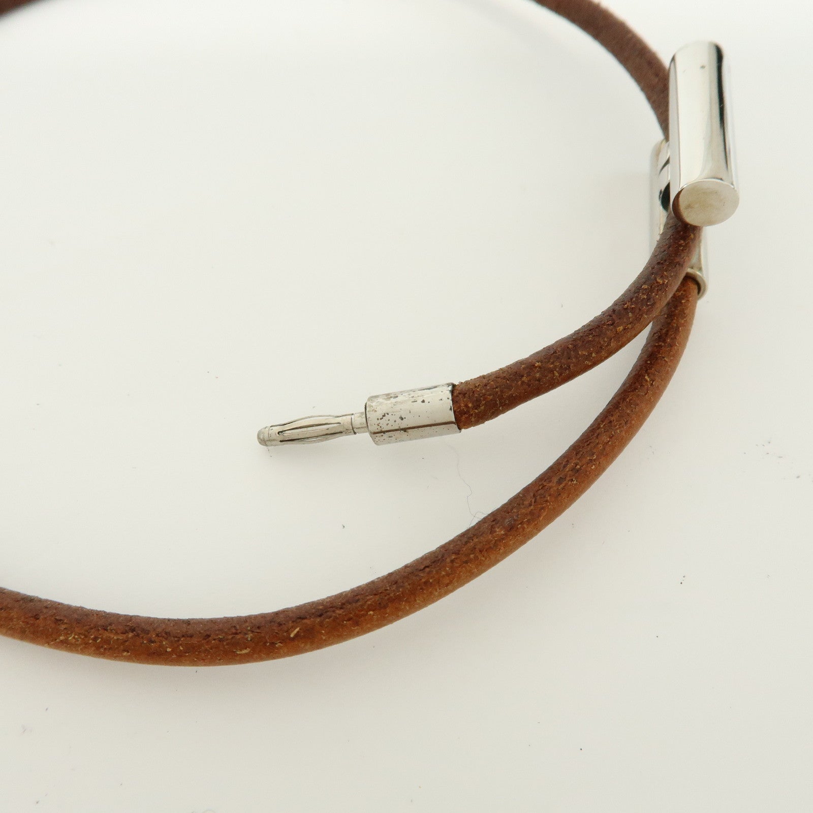 HERMES Leather Metal Tournis Tresse Bracelet Brown Silver