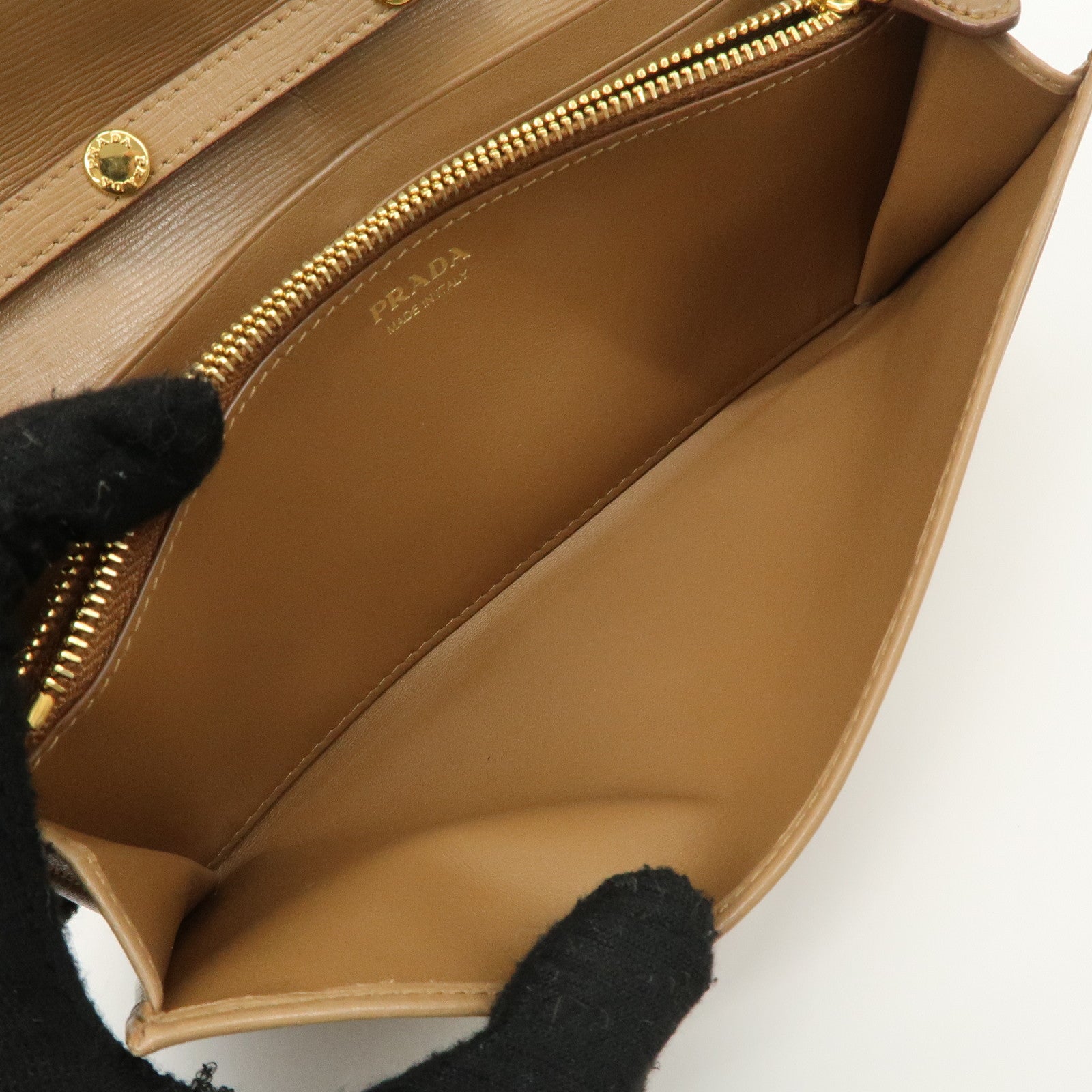 PRADA Logo Leather Chain Wallet WOC Beige Gold Hardware 1MT290 Used