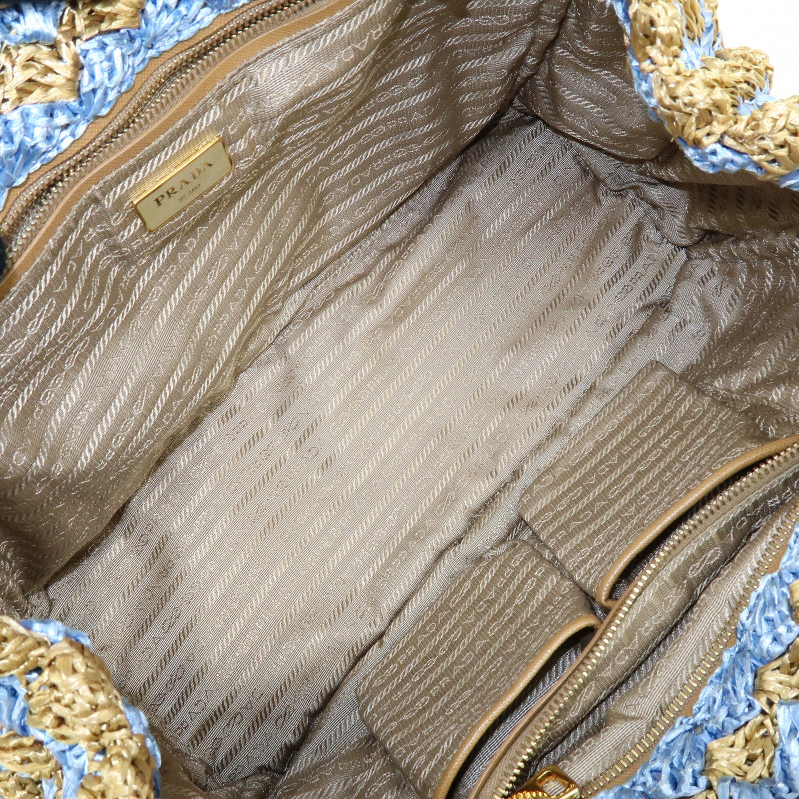 PRADA Traingle Logo Canapa Raffia Tote Bag Hand Bag Natural Blue