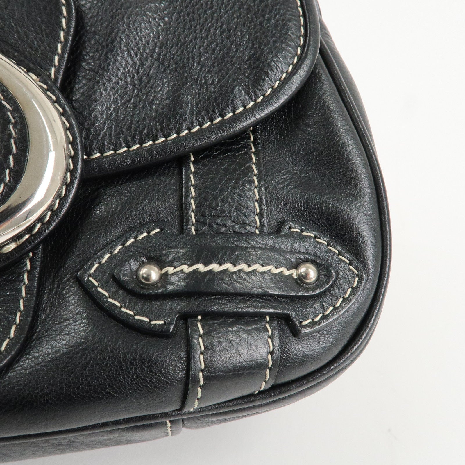 Christian Dior CD Logo Leather Shoulder Bag Hand Bag Black Used