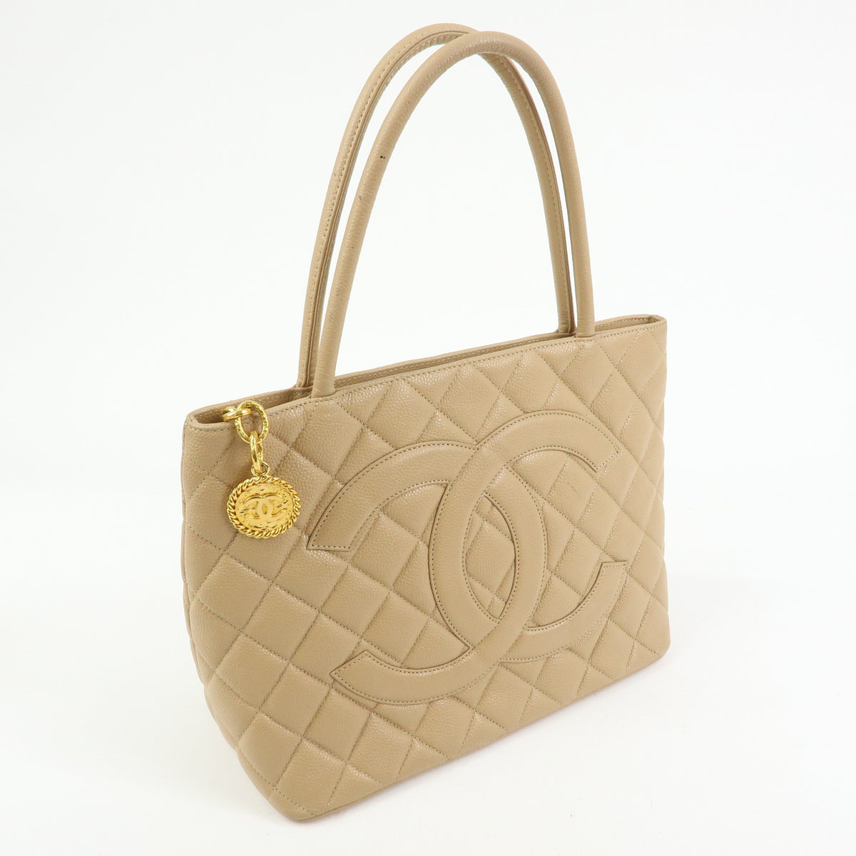 CHANEL Medallion Matelasse COCO Mark Caviarskin Tote Bag Beige A01804