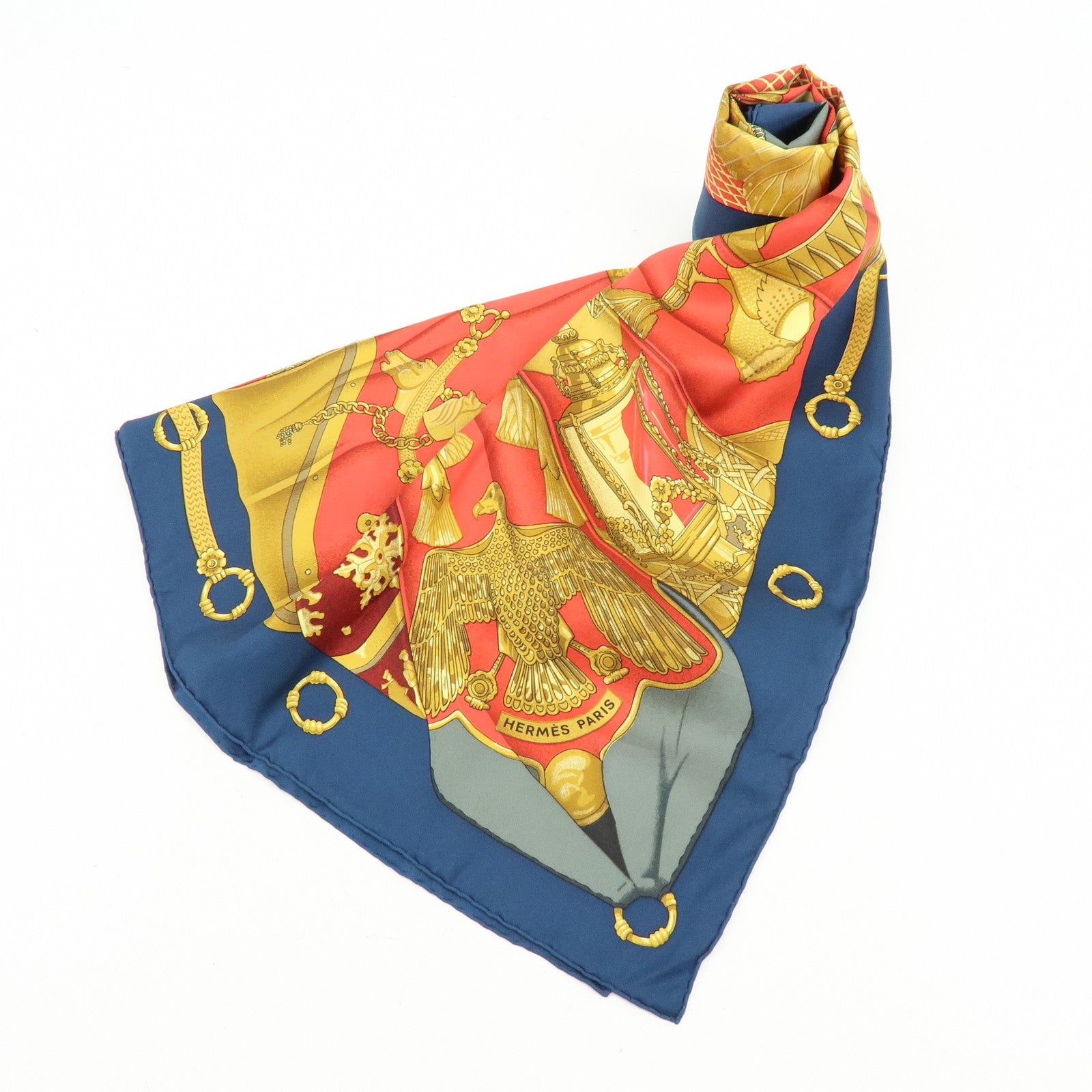 HERMES Carre 90 Silk 100% Scarf Soleil de Soie Red Navy Gold