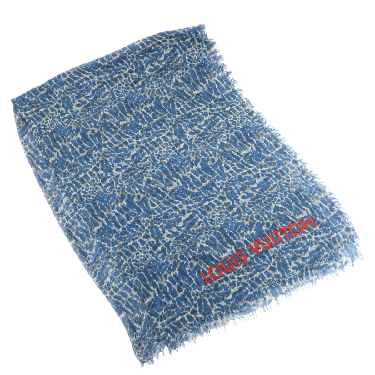 Louis Vuitton Logo Cashmere Silk Scarf Shawl Leopard Blue White Red
