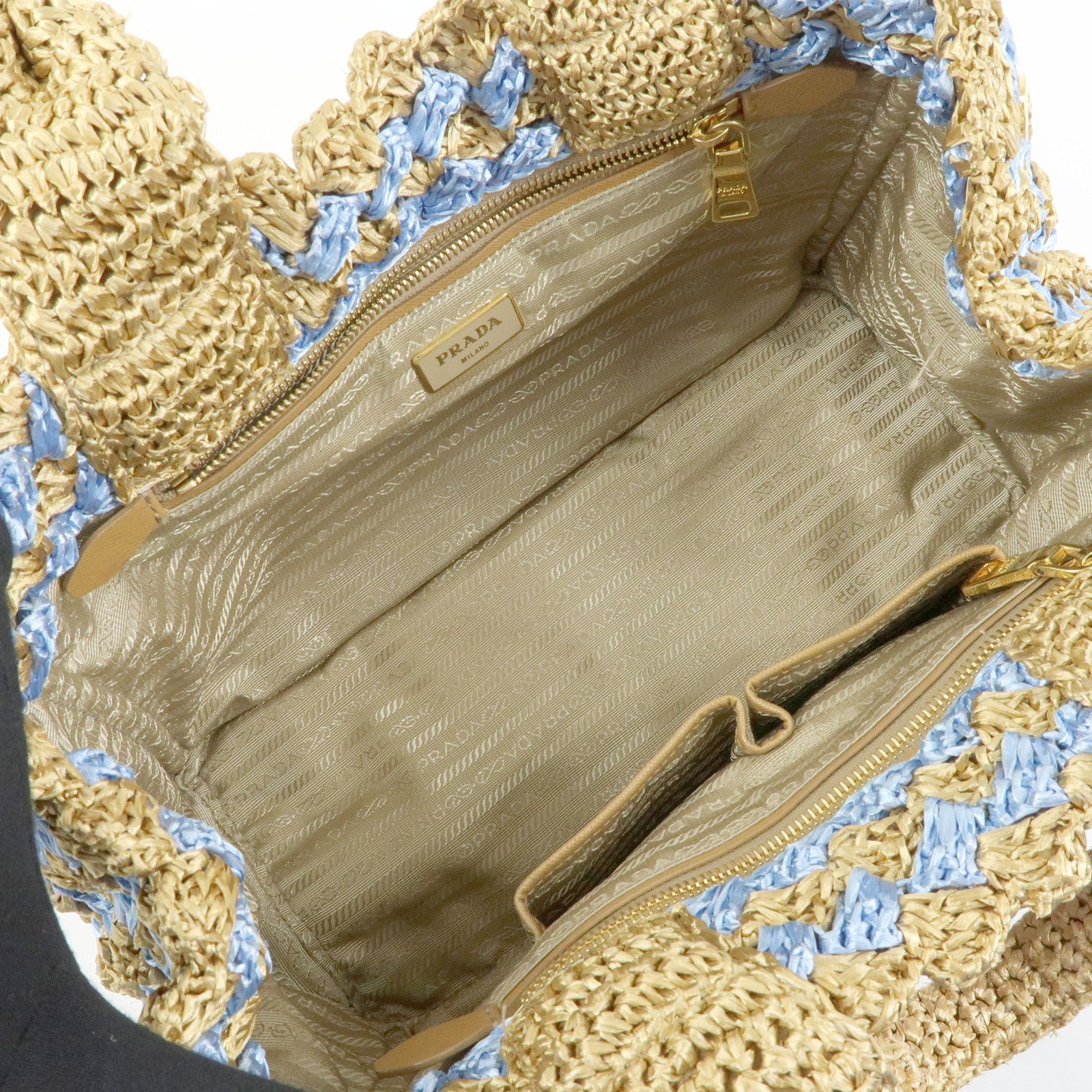 PRADA Triangle Logo Canapa Raffia Tote Bag Hand Bag Beige Blue