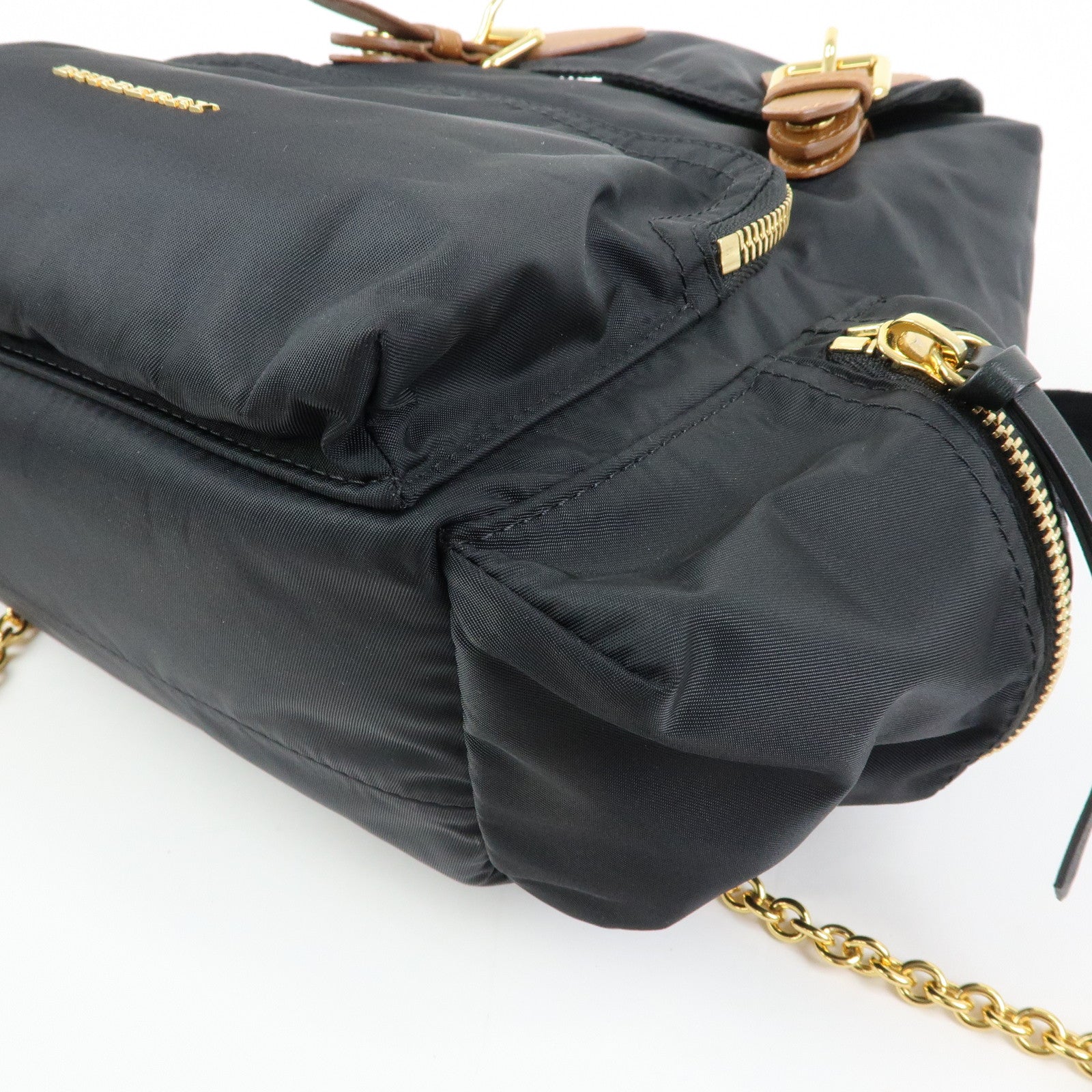 BURBERRY Nylon Leather Backpack Rucksack Gold Chain Black