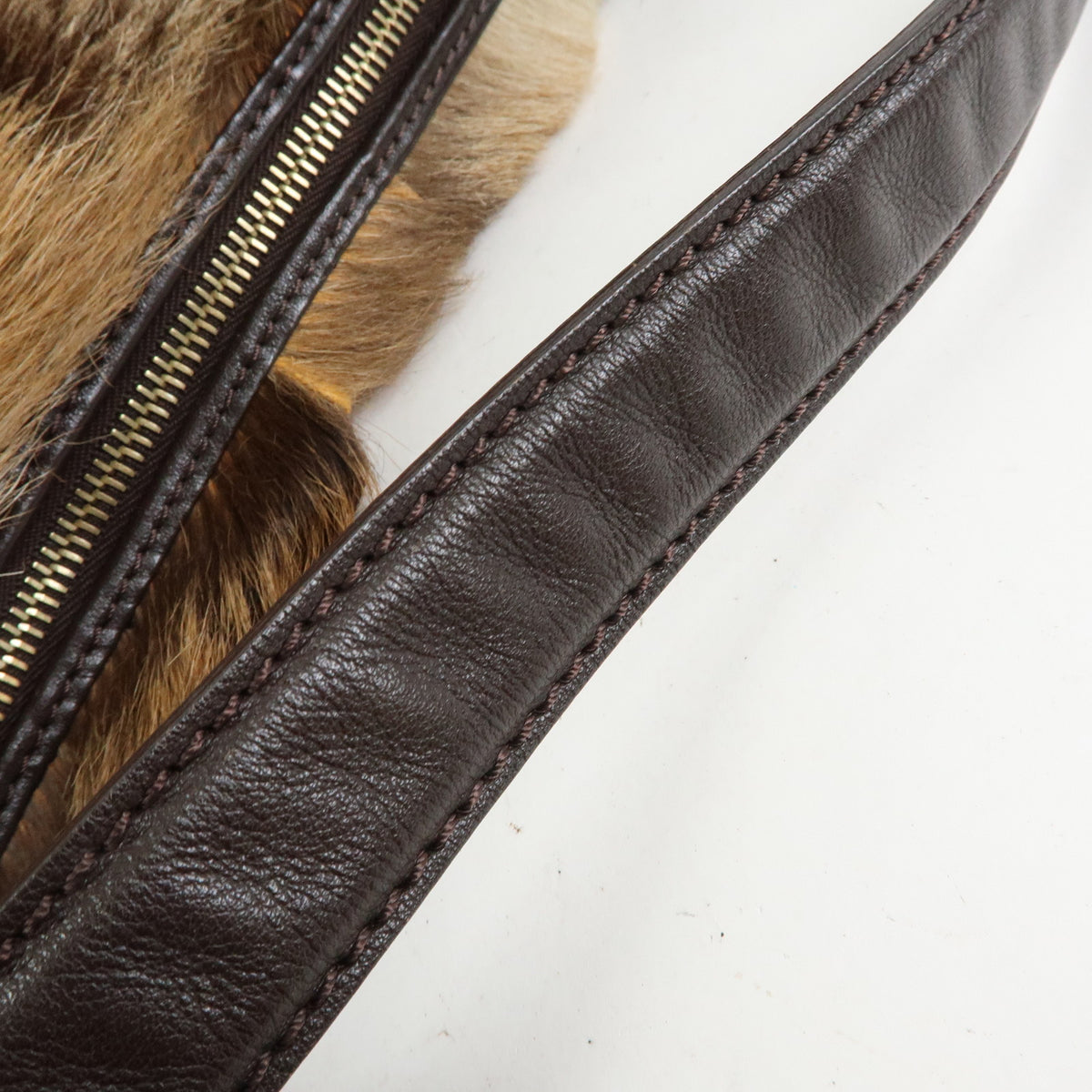 FENDI Fur Leather Shoulder Bag Hand Bag Brown 8BR349