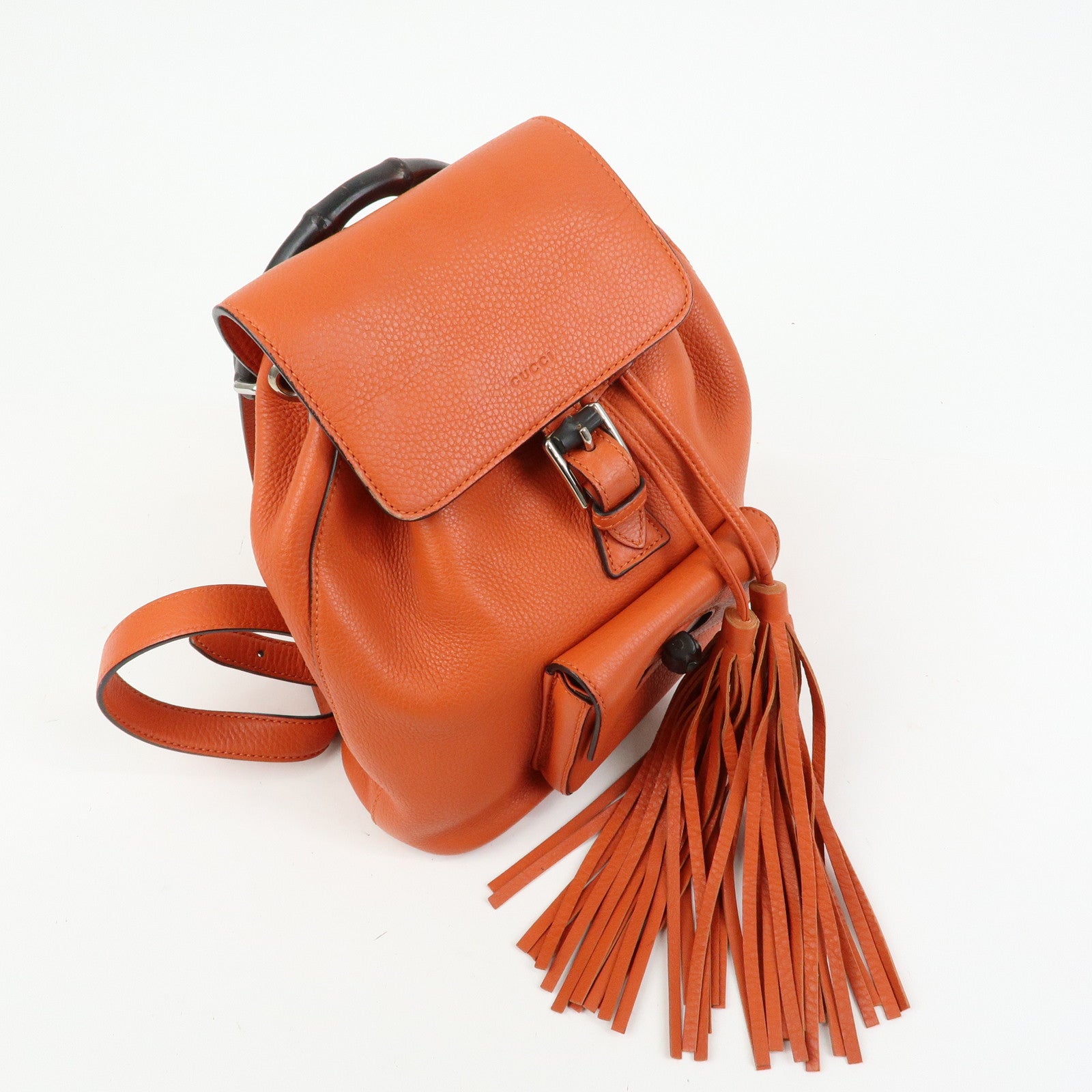 GUCCI Bamboo Leather Backpack Rucksack Tassel Strap Orange 387149