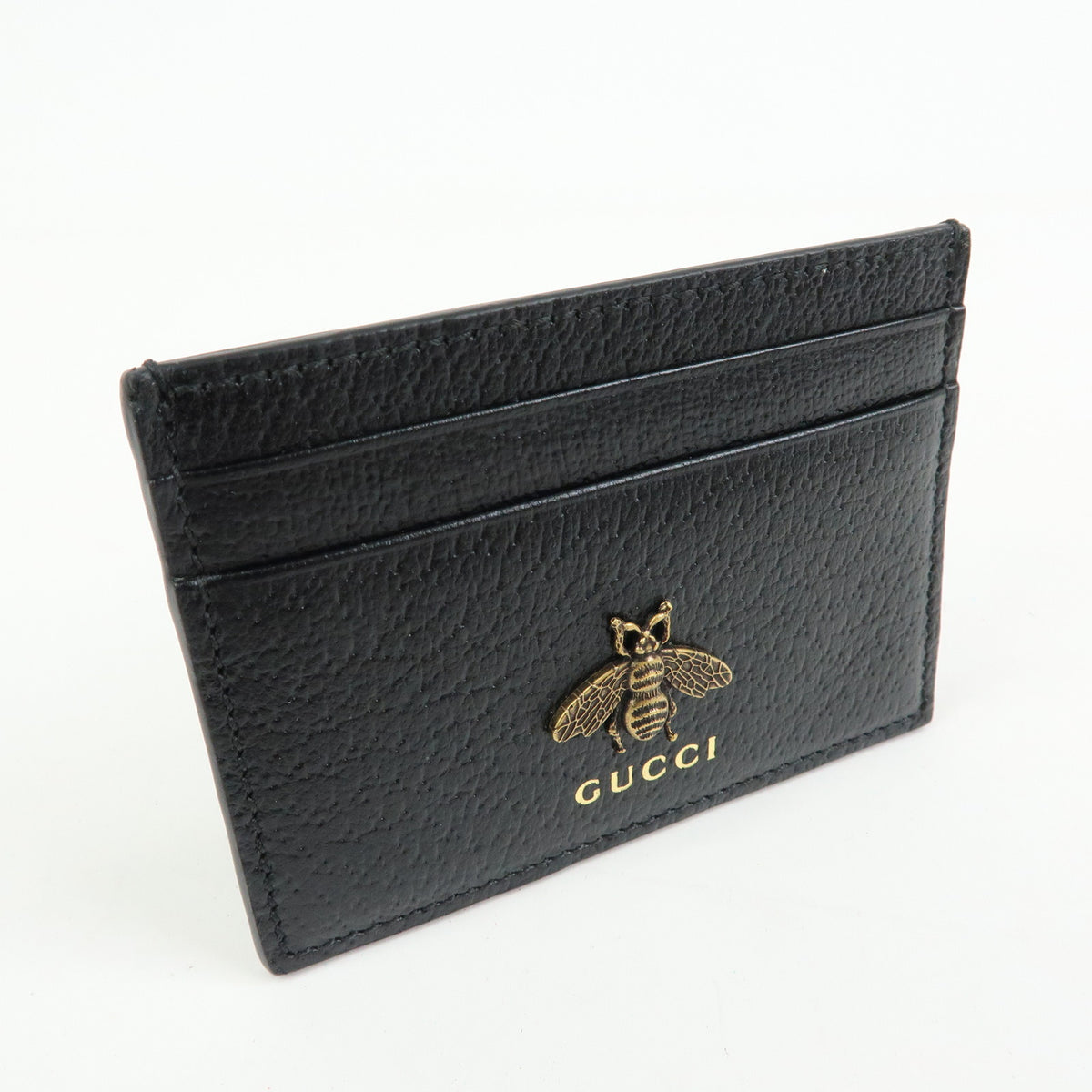 GUCCI Animalier Leather Card Case Card Holder Bee Motif Black 523685