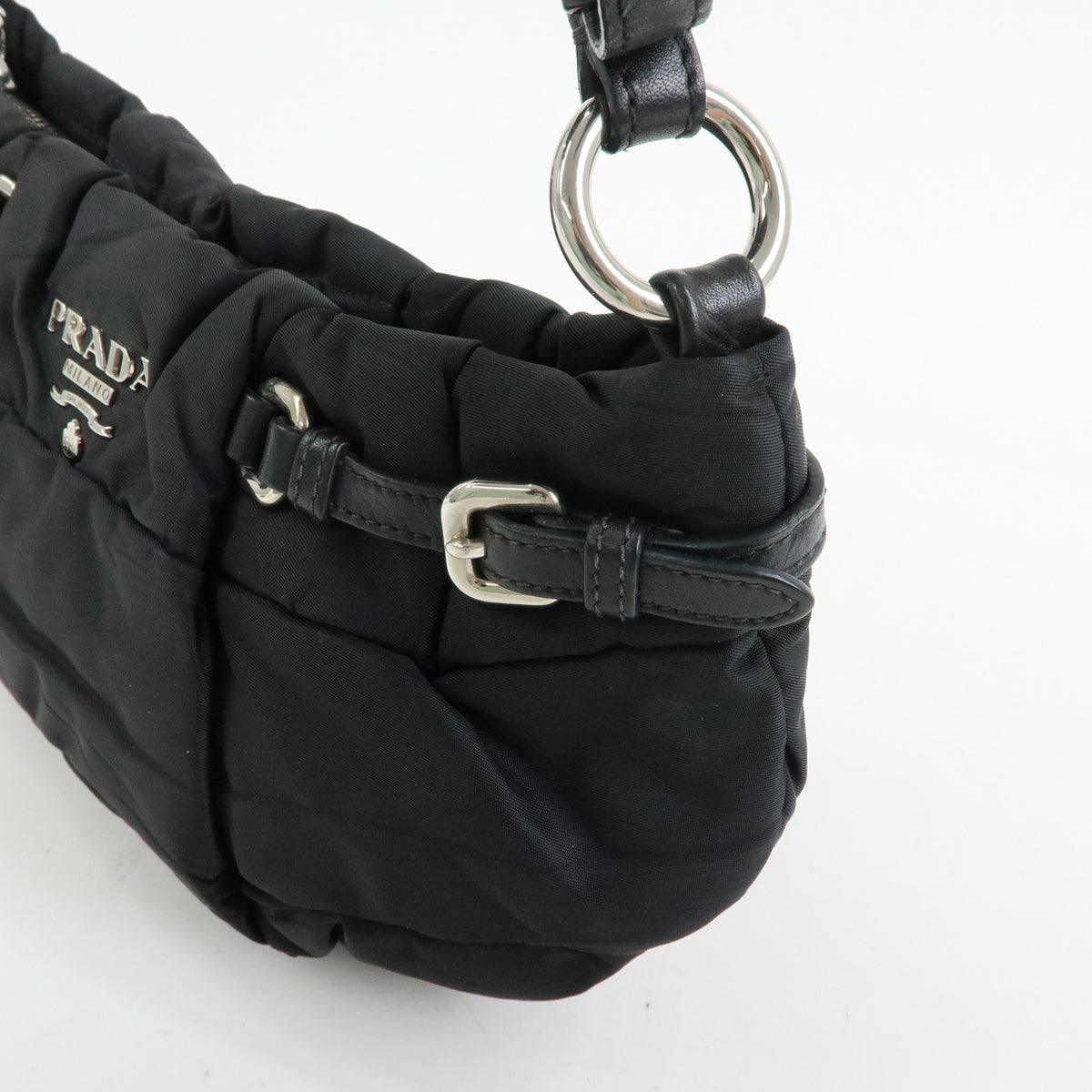 PRADA Tessuto Gathered Nylon Leather Shoulder Bag Hand Bag Black BN1704