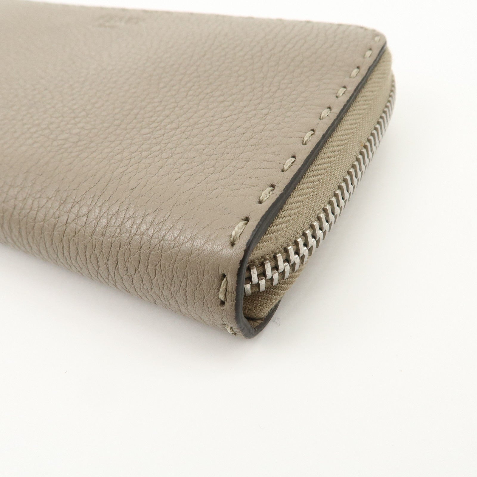 FENDI Selleria Leather Zip Around Long Wallet Greige 8M0374 Used