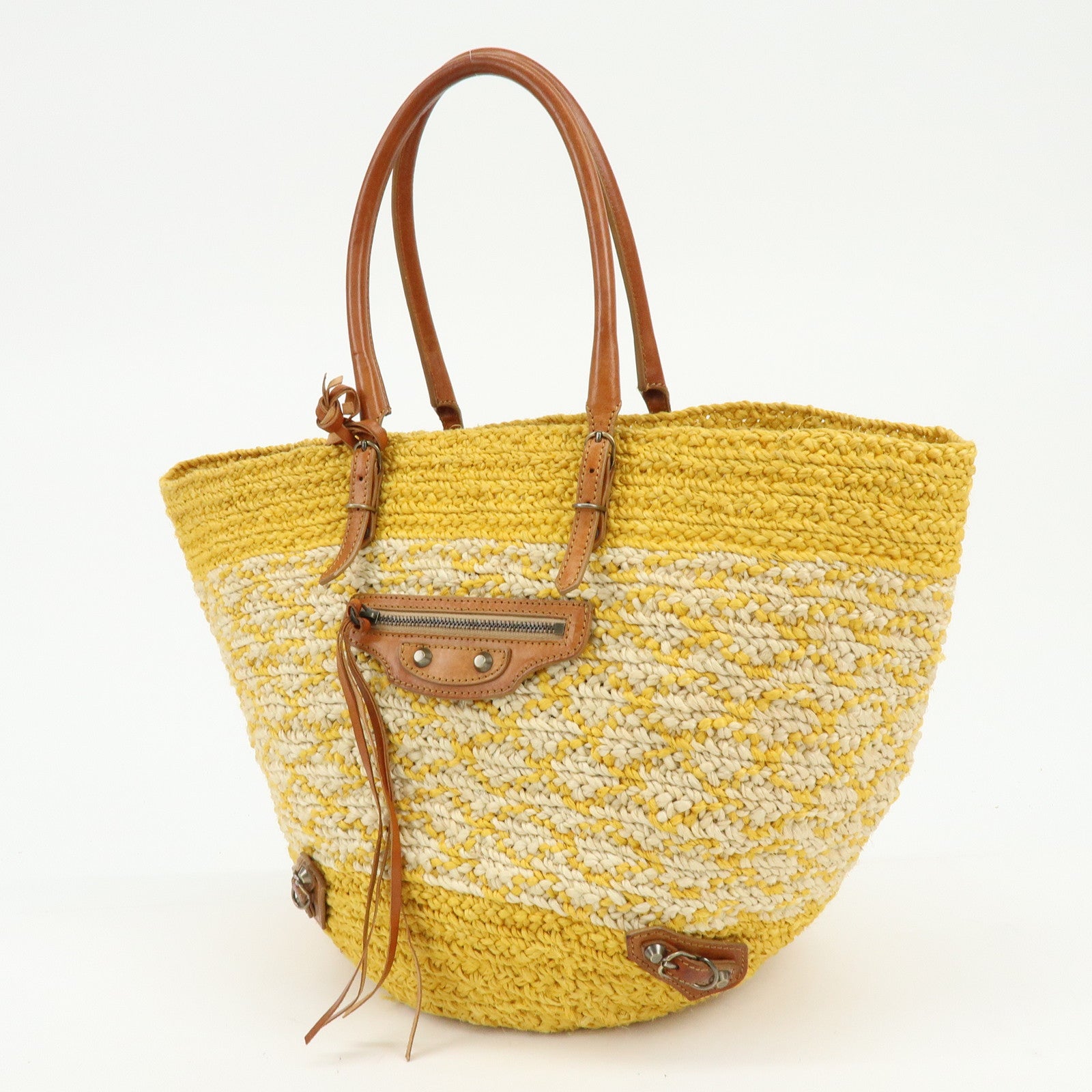 BALENCIAGA Raffia Leather Panier Tote Bag Yellow Natural 286370