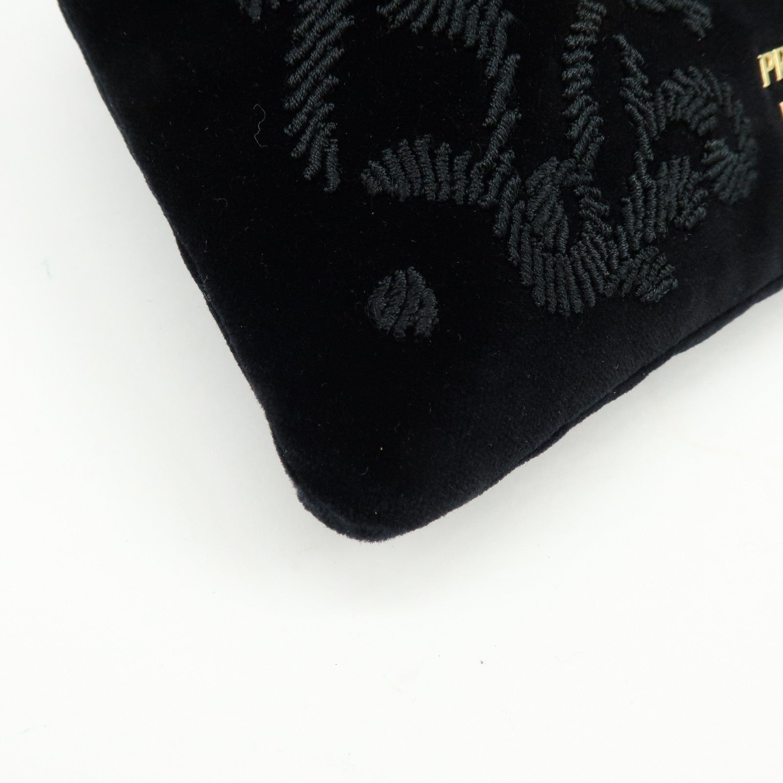 PRADA Logo Velvet Leather Drawstring Pouch Embroidery Black 1MU001