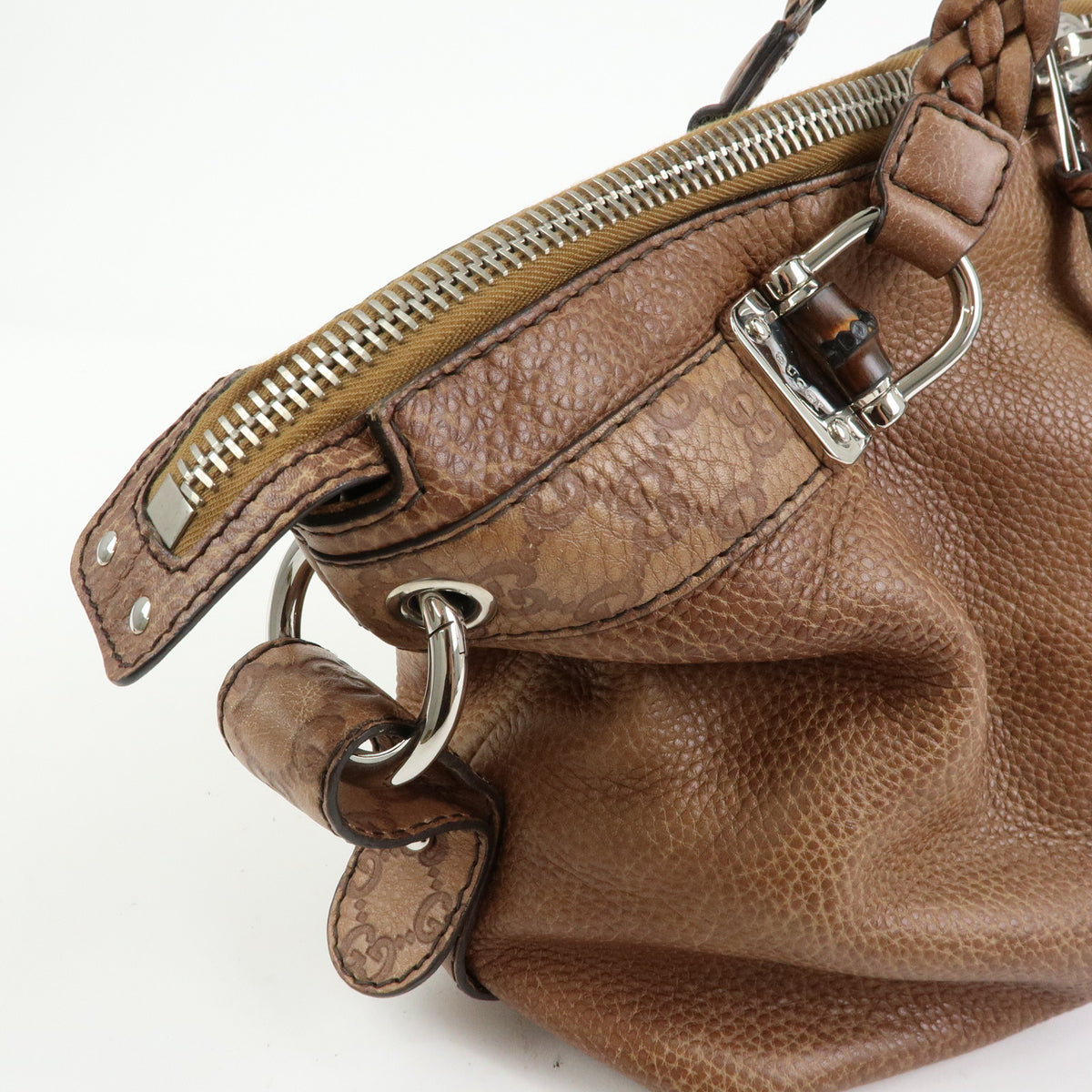 GUCCI Bamboo Embossed Leather Boston Bag Hand Bag Brown 232959