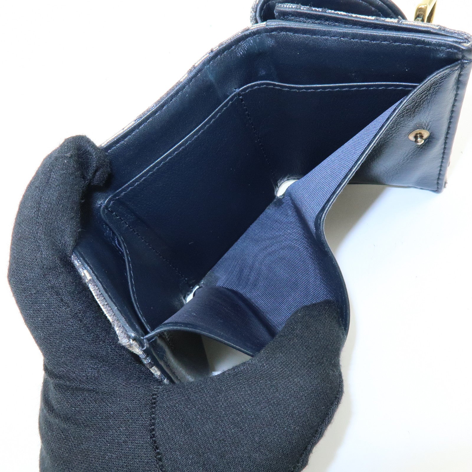 Christian Dior Saddle Oblique Jaquard Leather Tri-fold Wallet Navy