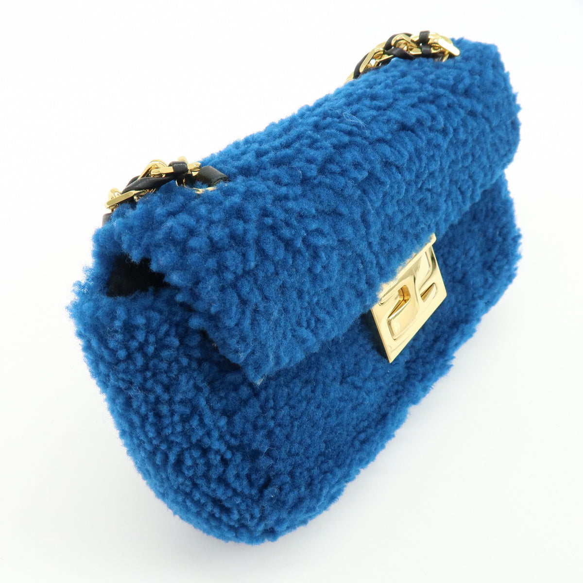 FENDI Mini Be Baguette Mouton Leather Shoulder Bag Blue 8M0315