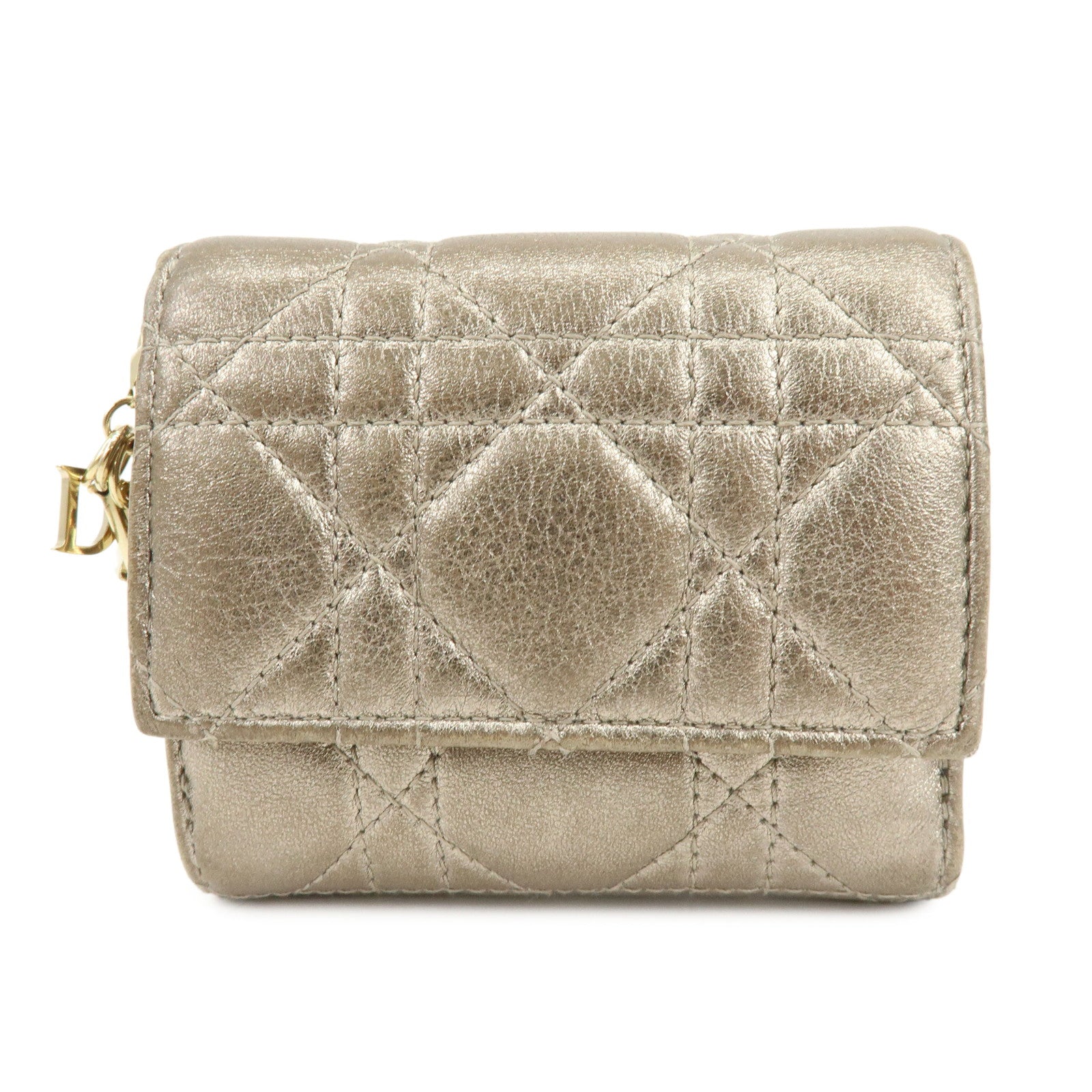 Christian Dior Lady Dior Cannage Leather Lotus Compact Wallet Beige