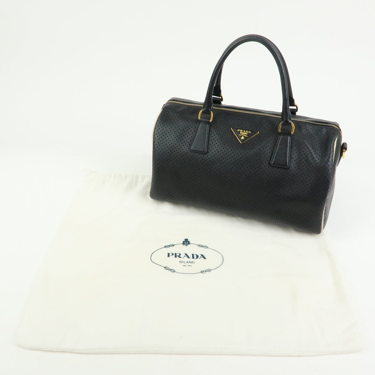 PRADA Triangle Logo Perforated Saffiano Leather 2Way Boston Bag Black