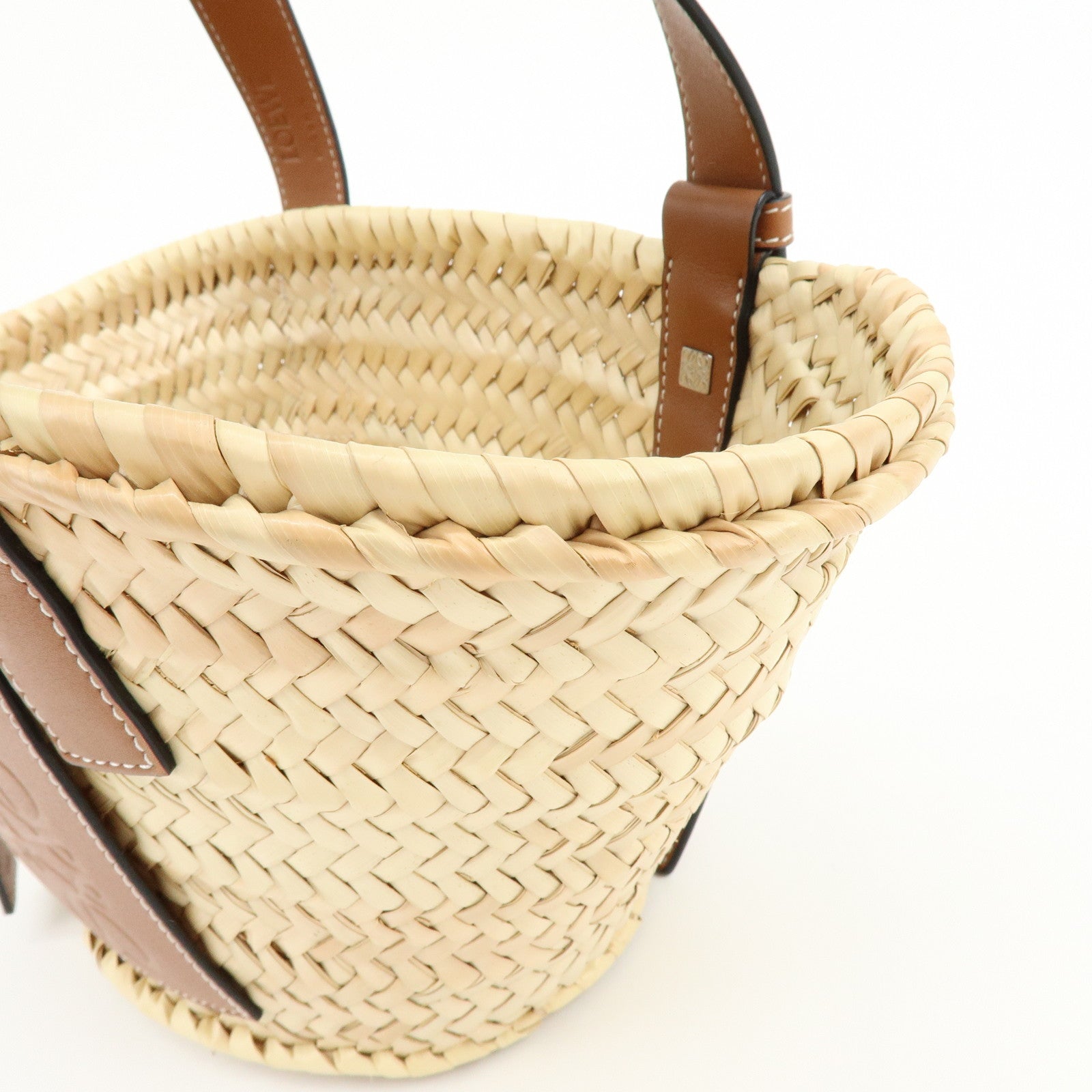 LOEWE Raffia Leather Basket Bag Hand Bag Natural Tan