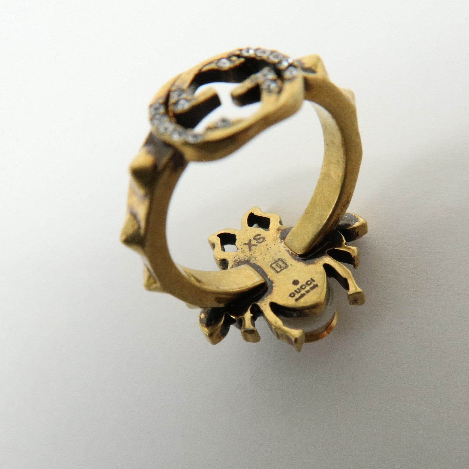 GUCCI Interlocking G Bee Metal Rhinestone Imitation Pearl Ring XS
