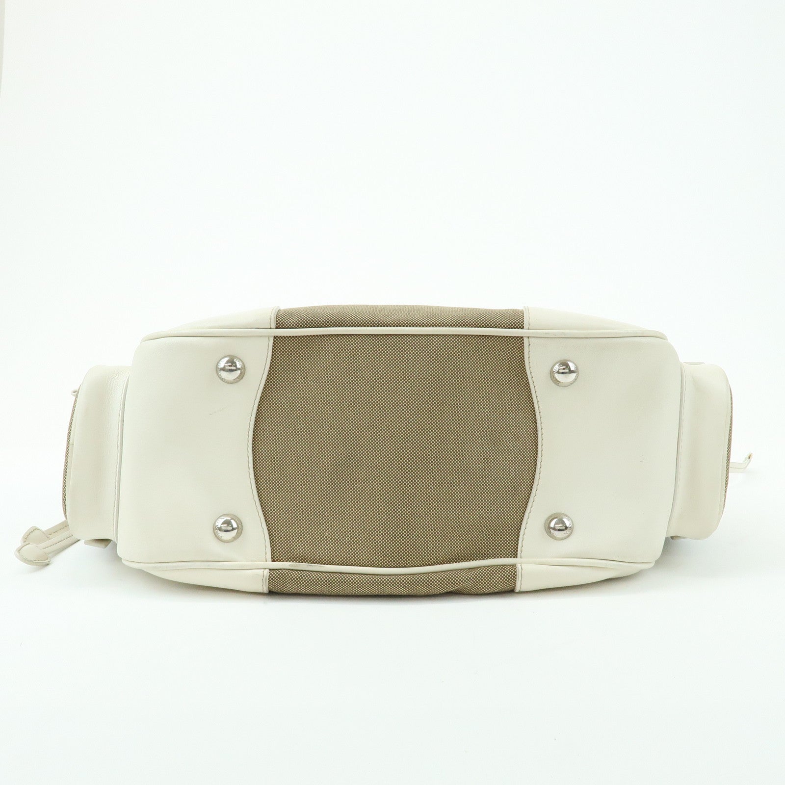 PRADA Triangle Logo Nylon Jacquard Leather Shoudler Bag Beige Ivory