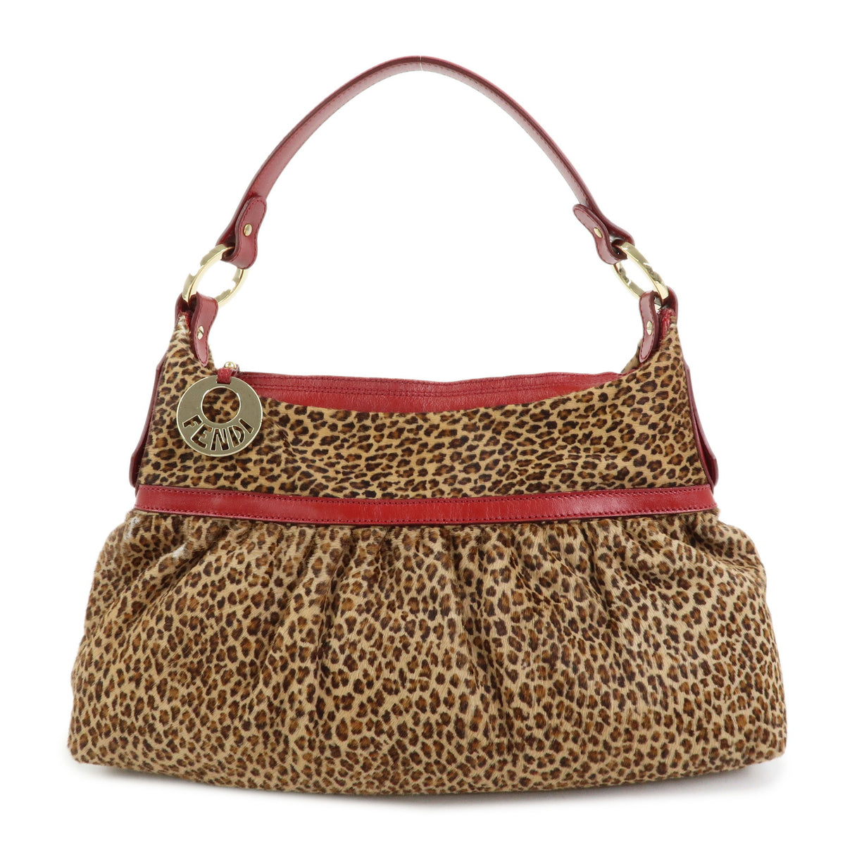 FENDI Pony Hair Leather Leopard Shoulder Bag Hand Bag Brown Red 8BR448