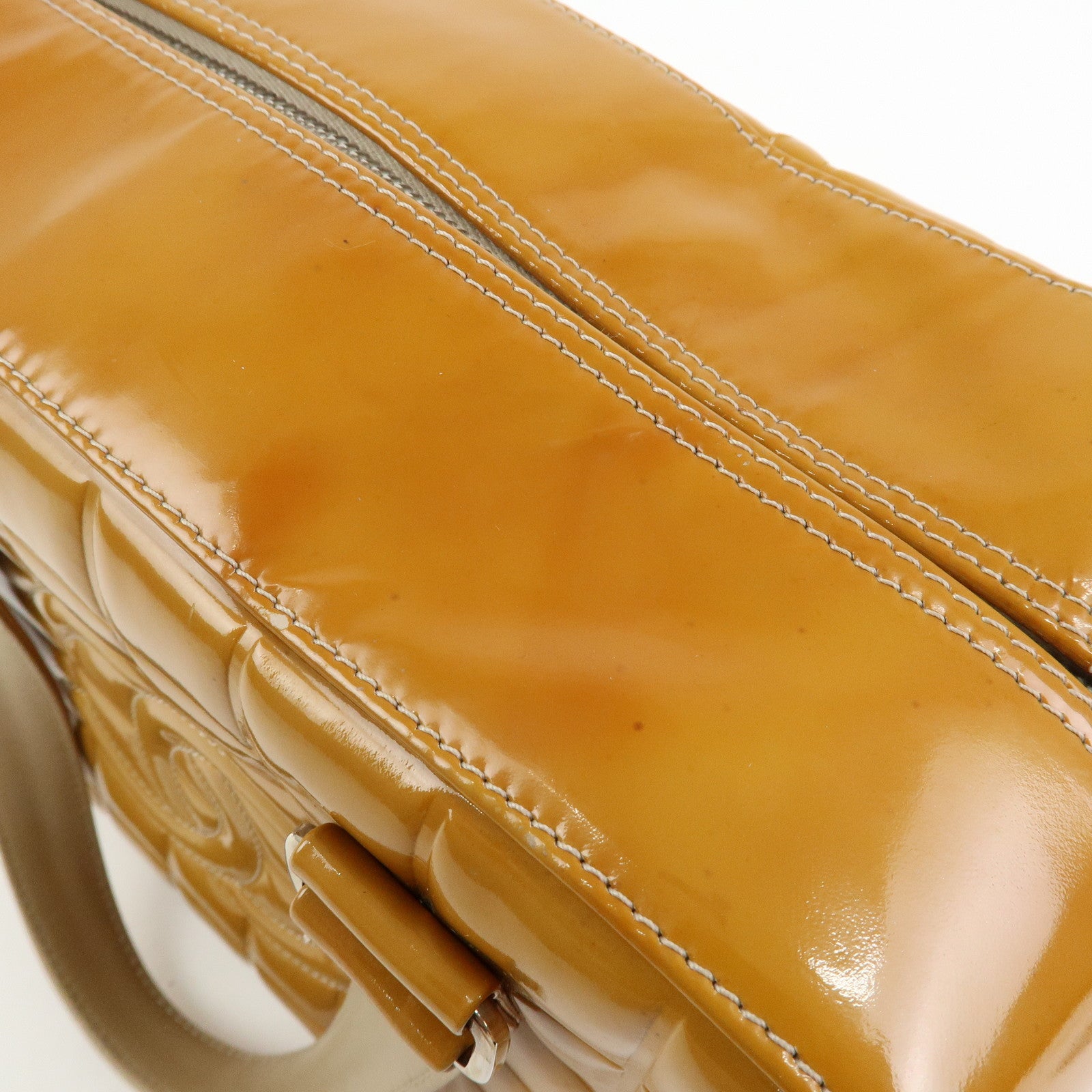 CHANEL Chocolate Bar COCO Mark Patent Leather Boston Bag Hand Bag Camel