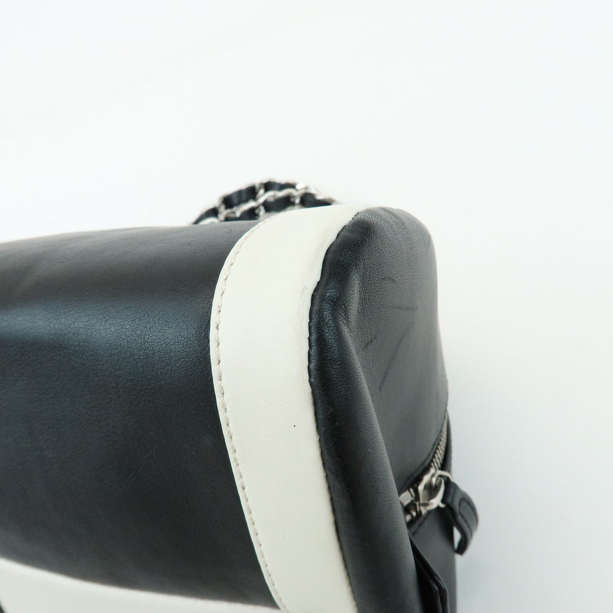 CHANEL COCO Mark Bicolor Lamb Skin Bowling Bag Hand Bag Black White