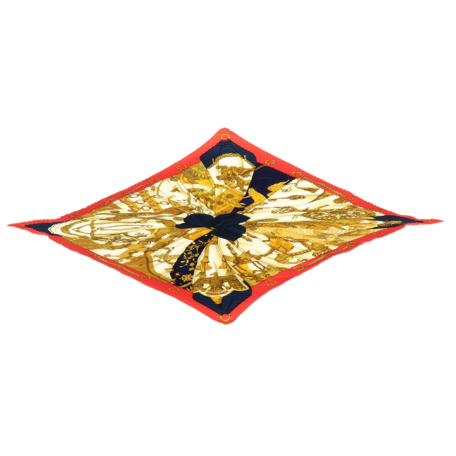 HERMES Pleated Carre Silk 100% Scarf SOLEIL DE SOIE Gold Red Navy