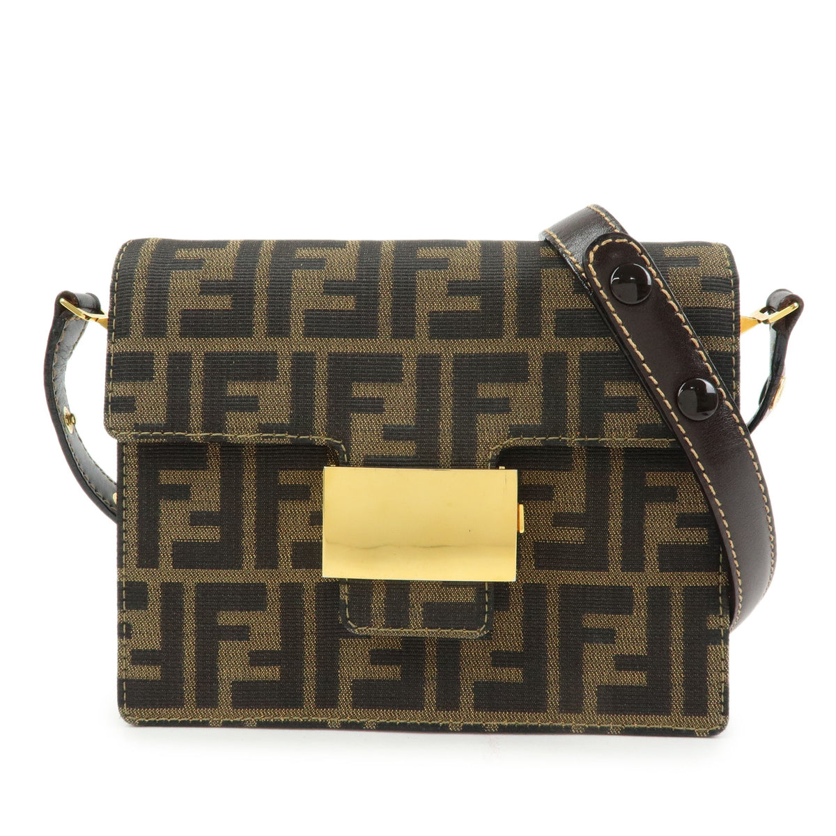 FENDI ZUCCA Jacquard Canvas Leather Shoulder Bag Brown Black