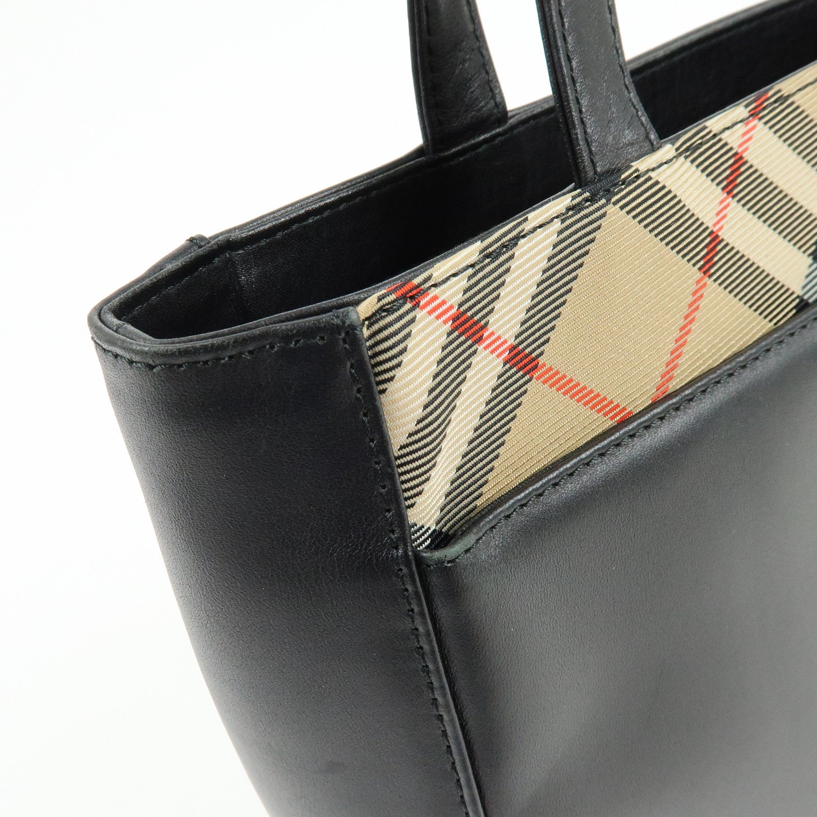BURBERRY Logo Leather Tote Bag Hand Bag Nova Plaid Black