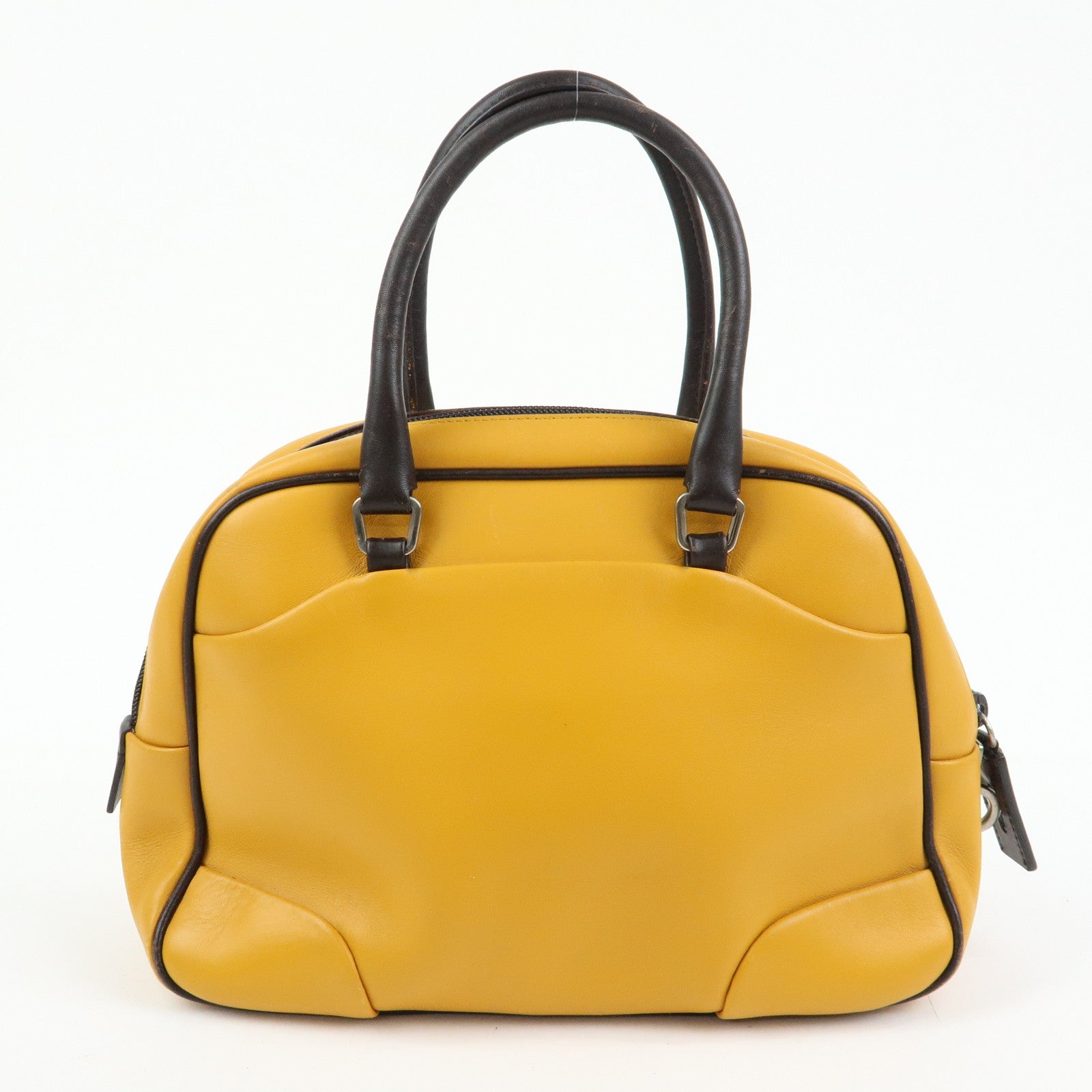 PRADA Leather Bicolor Hand Bag Bowling Bag Yellow Brown