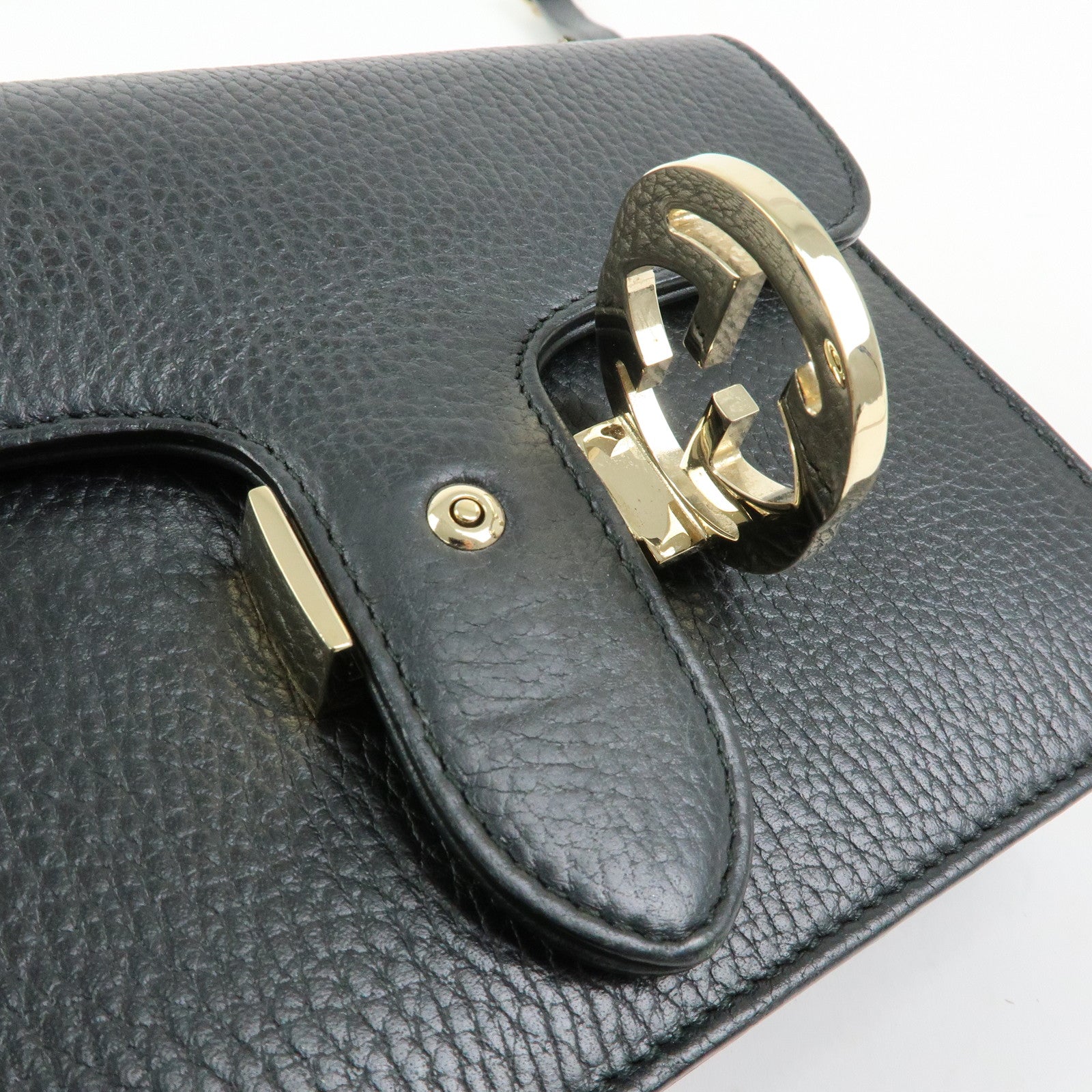 GUCCI Interlocking G Leather Chain Flap Shoulder Bag Black 510304