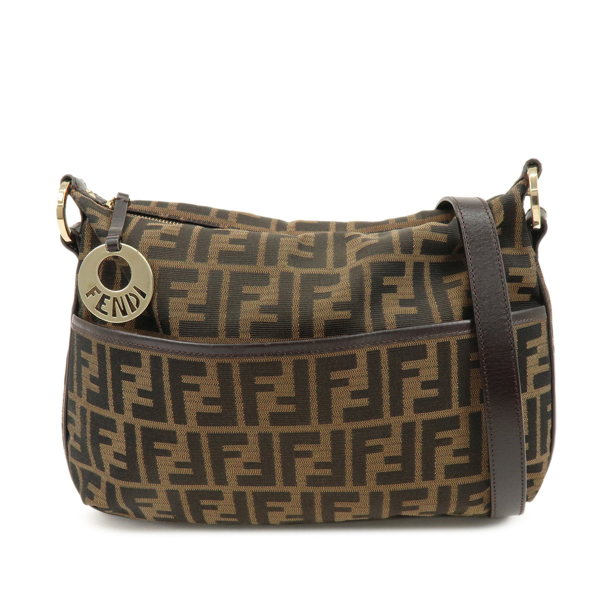 FENDI Zucca Canvas Leather Shoulder Bag Brown Black 8BT190