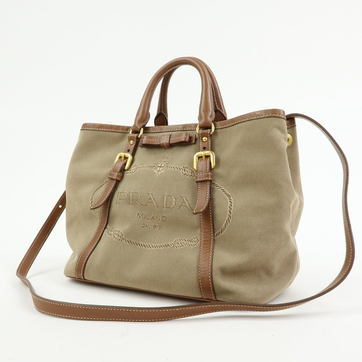 PRADA Triangle Logo Jacquard Canvas Leather 2Way Bag Tote Bag BN1841