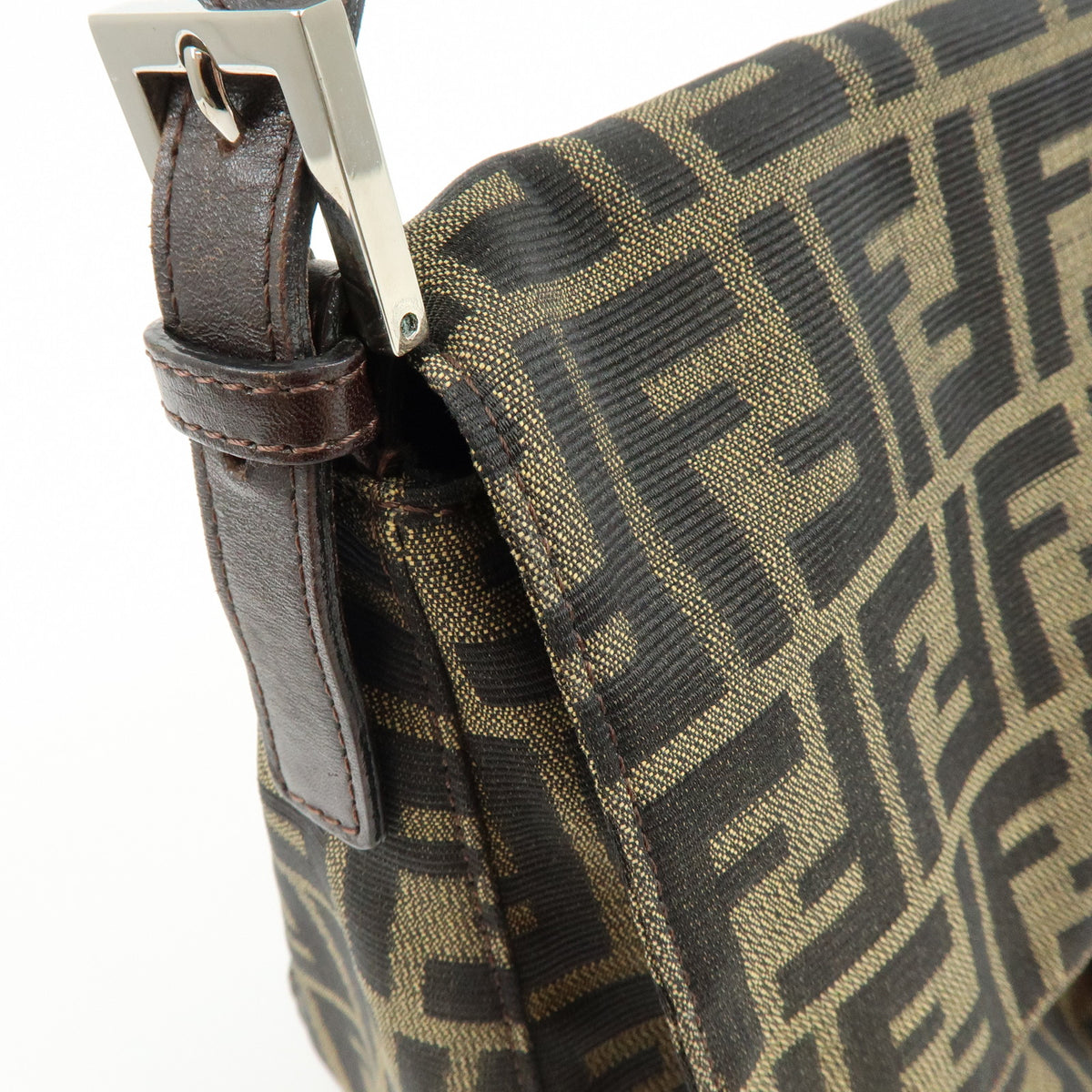 FENDI Mamma Baguette Jacquard Canvas Leather Shoulder Bag Brown 26325