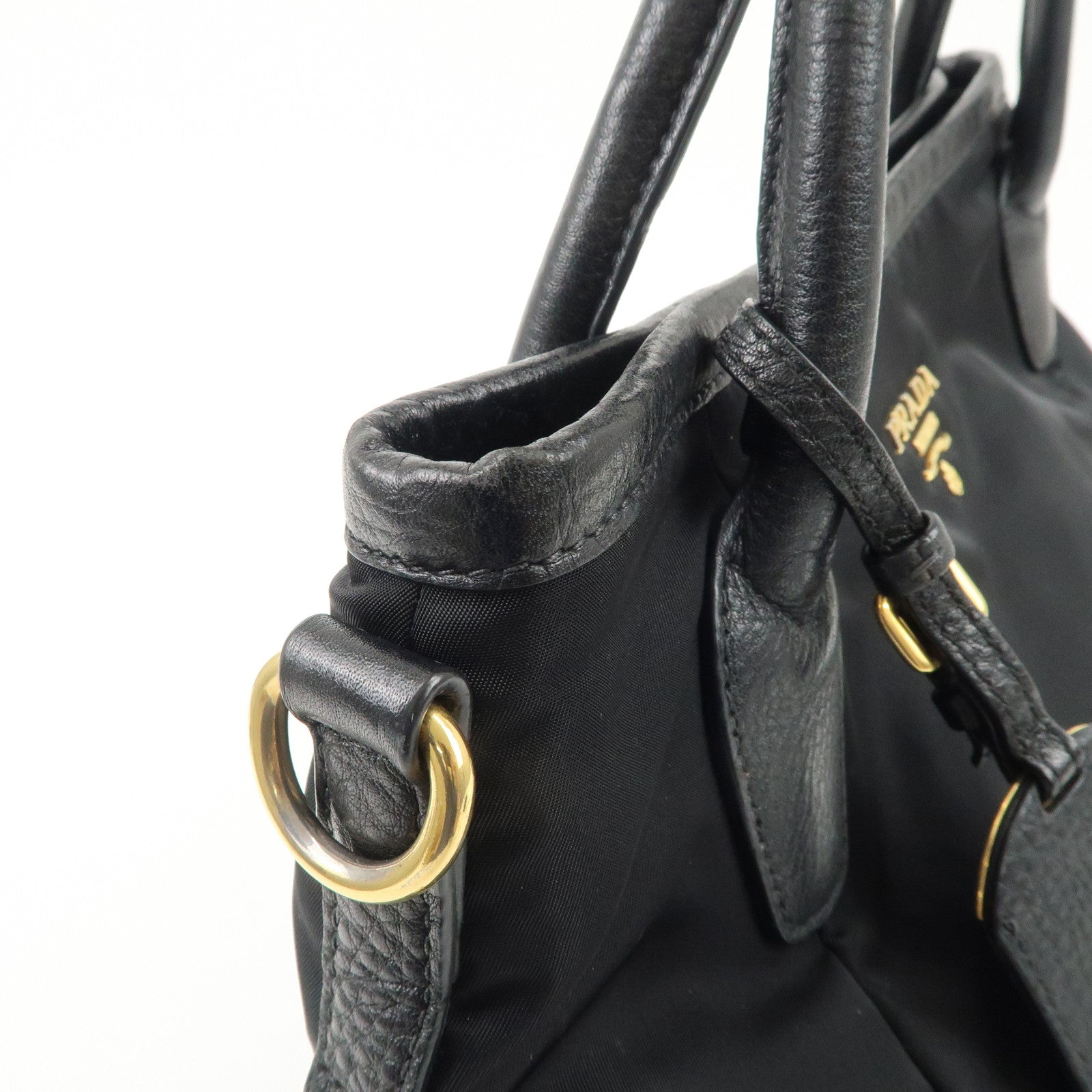 PRADA Logo Nylon Leather 2way Tote Bag Hand Bag Black Gold Hardware Used