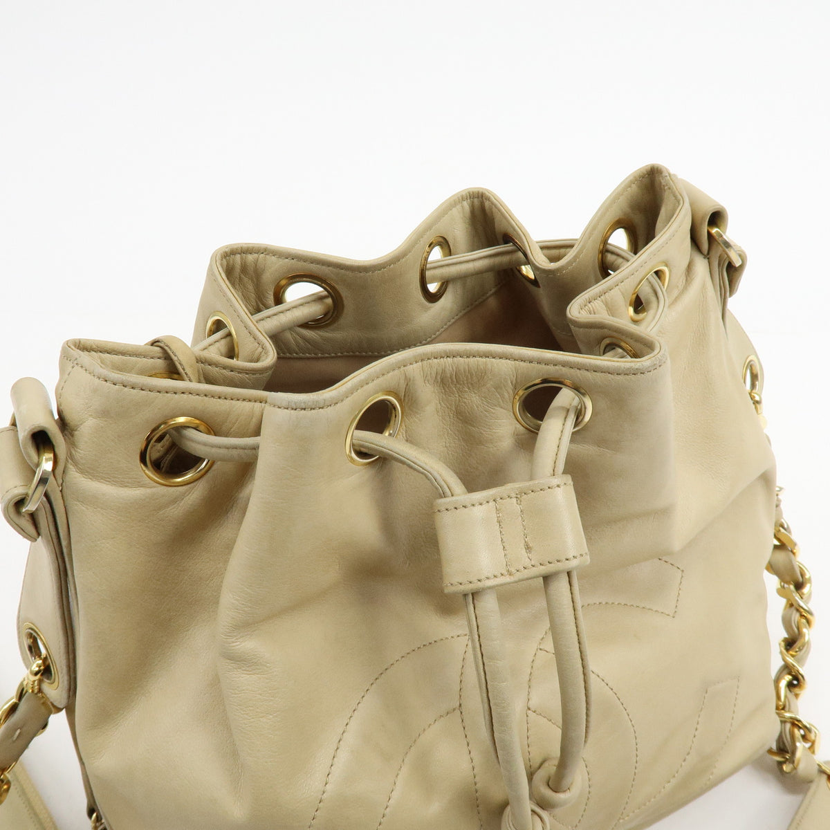 CHANEL Lamb Skin Bucket Chain Shoulder Bag Beige A01349