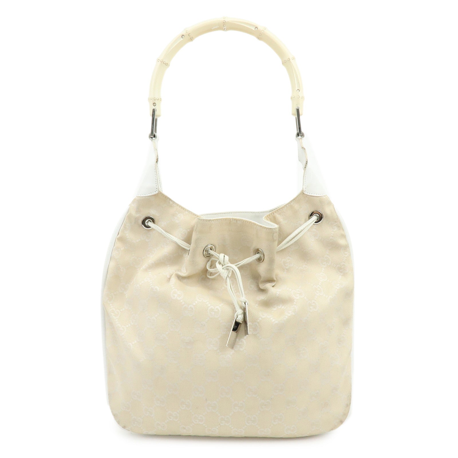 GUCCI Bamboo GG Canvas Leather Shoulder Bag Beige 001・4033・200047