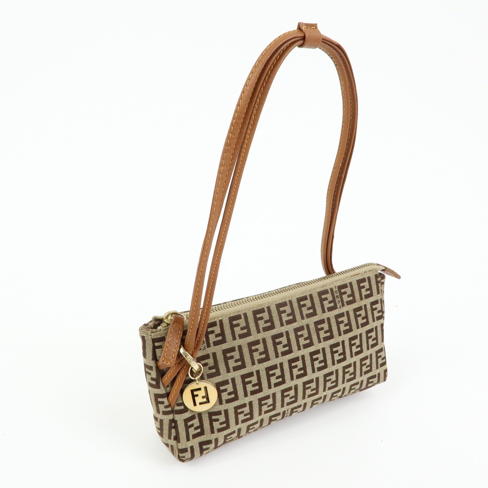 FENDI Zucchino Canvas Leather Hand Bag Accessory Pouch Beige 8BR513