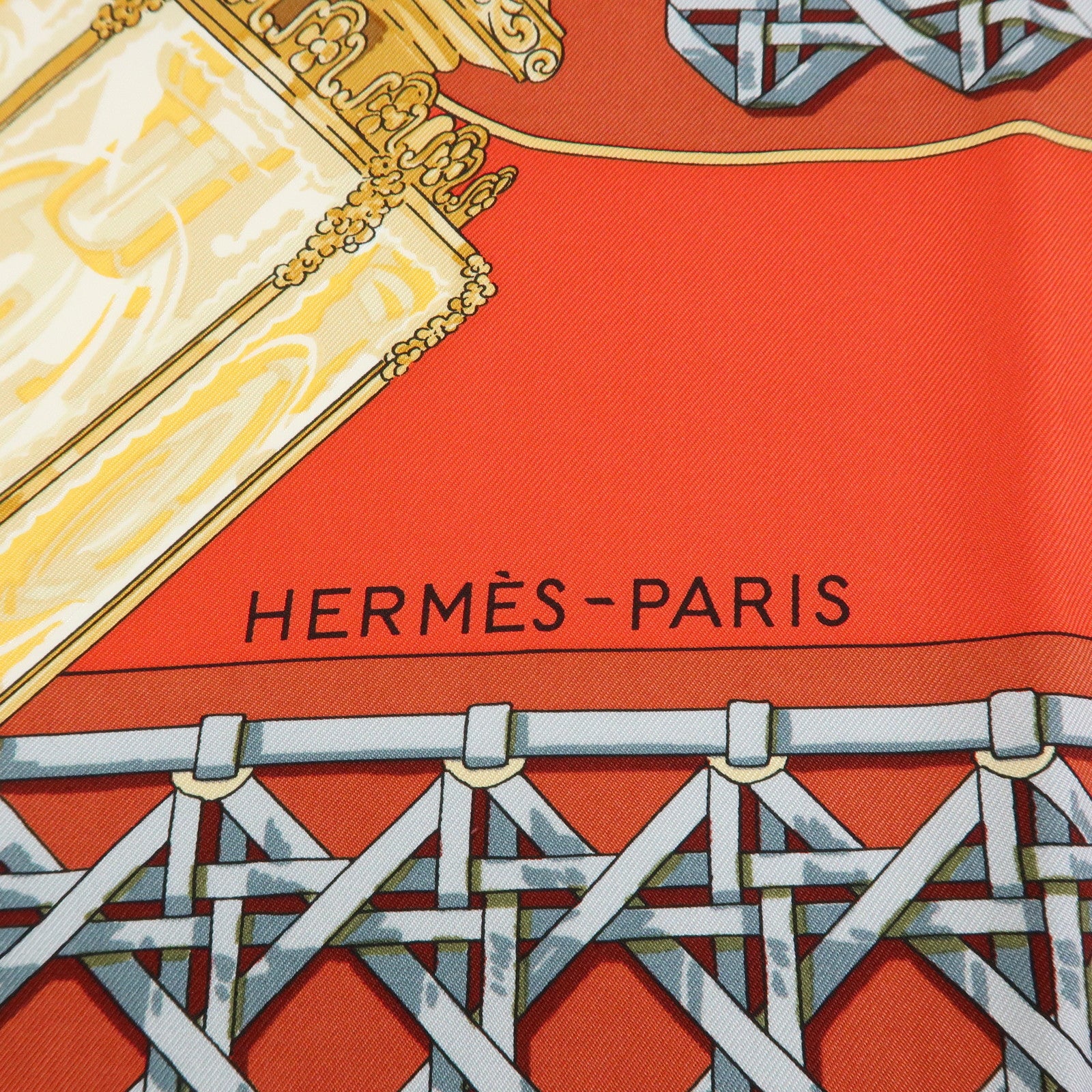 HERMES Carre 90 Silk 100% Scarf FEUX DE ROUTE Lantern Motif Red Gold