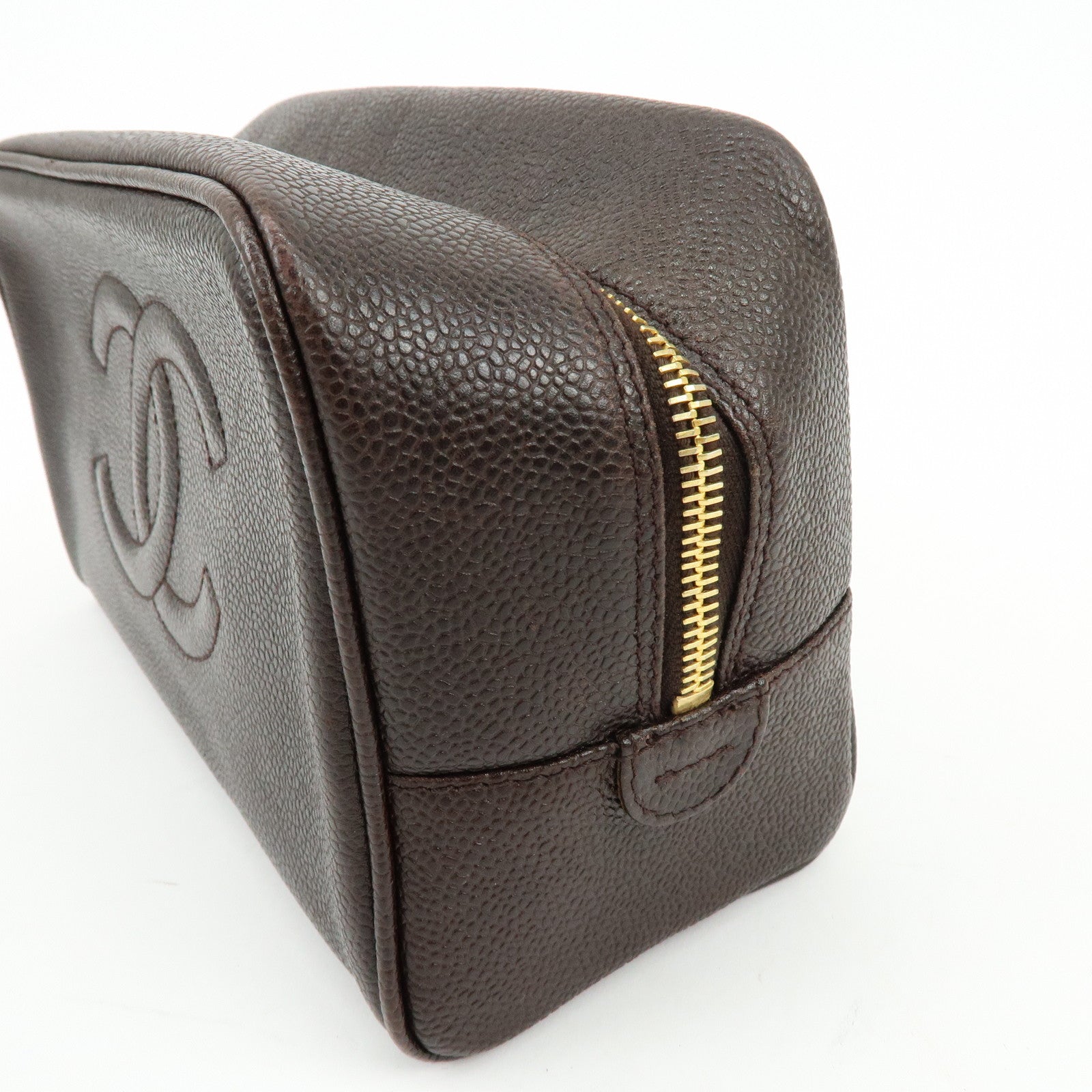 CHANEL COCO Mark Caviarskin Pouch Cosmetic Pouch Dark Brown A01996