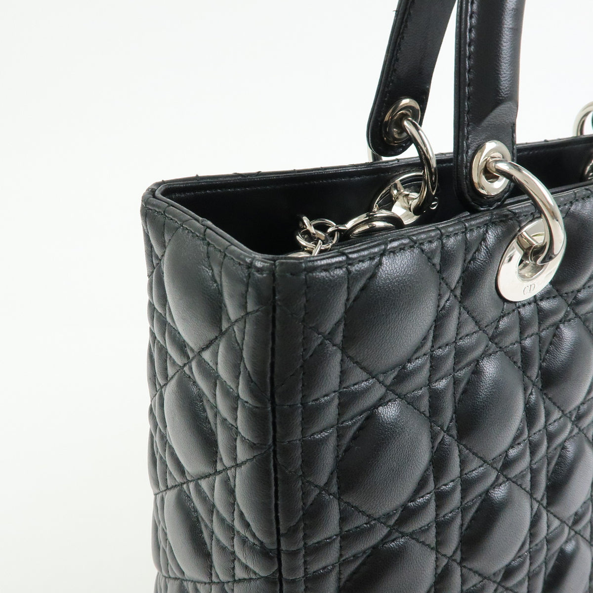 Christian Dior Lady Dior Cannage Lamb Skin Hand Bag Black