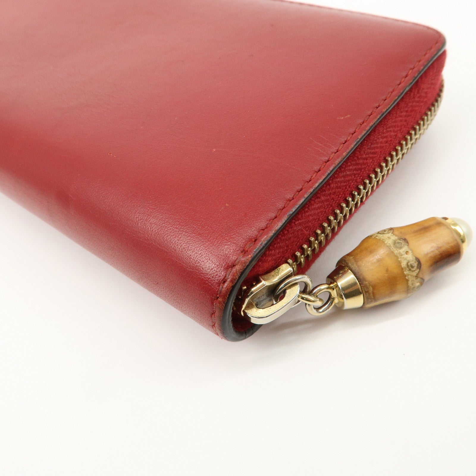 GUCCI Bamboo Leather Round Zippy Wallet Long Wallet Red Used