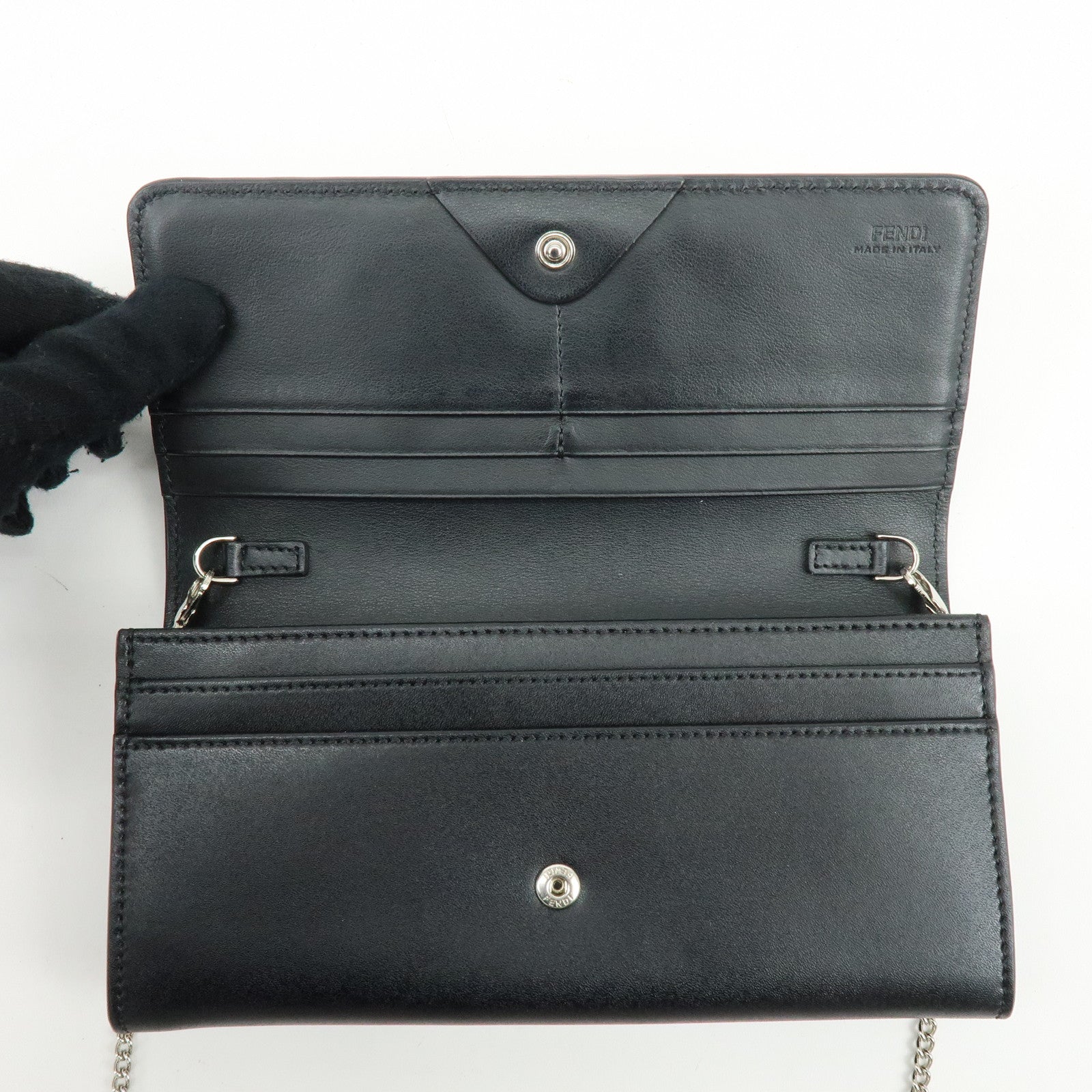 FENDI Leather Studs Chain Shoulder Wallet Long Wallet Black 8M0365