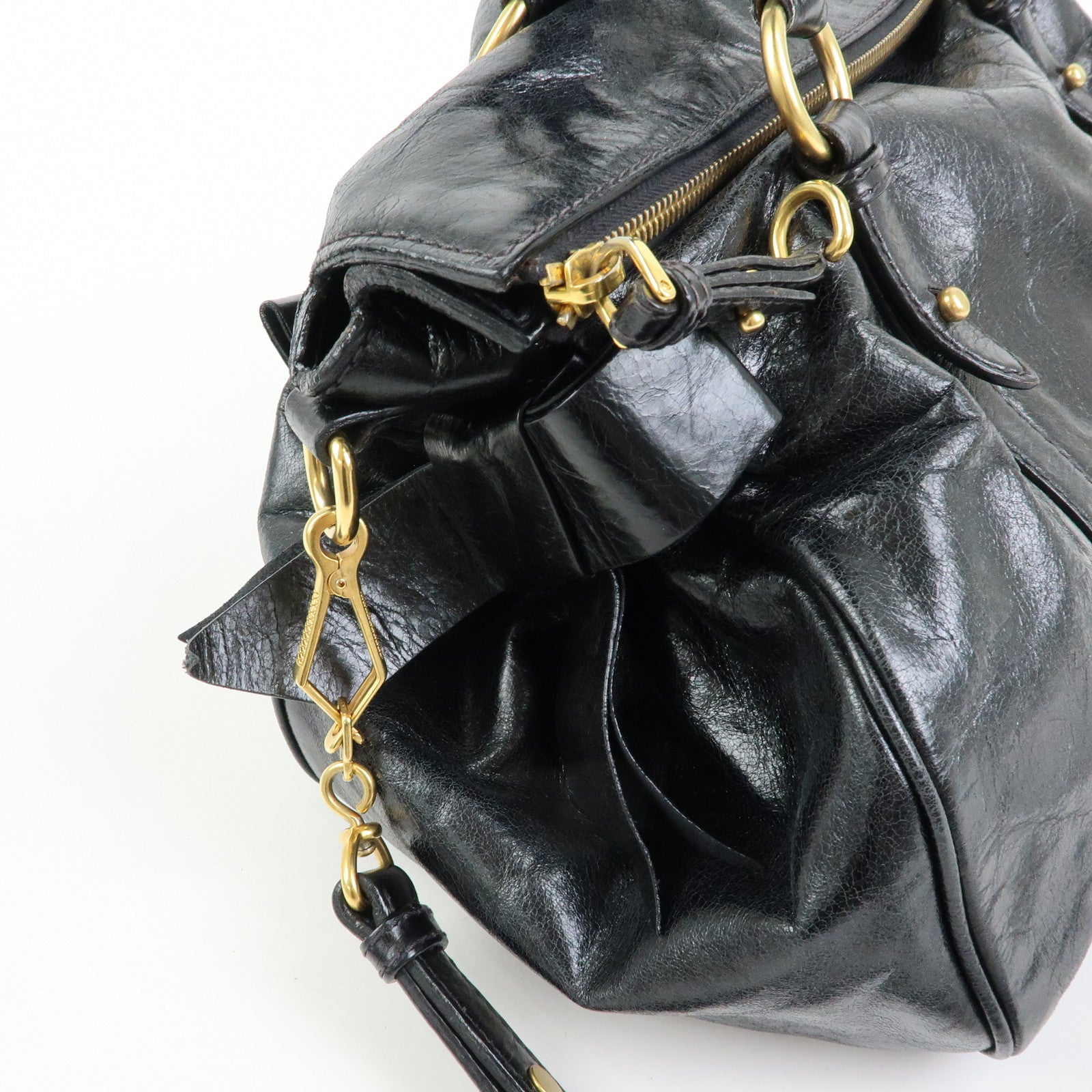 MIU MIU Leather Side Ribbon Large 2Way Hand Shoulder Bag Black RT0365